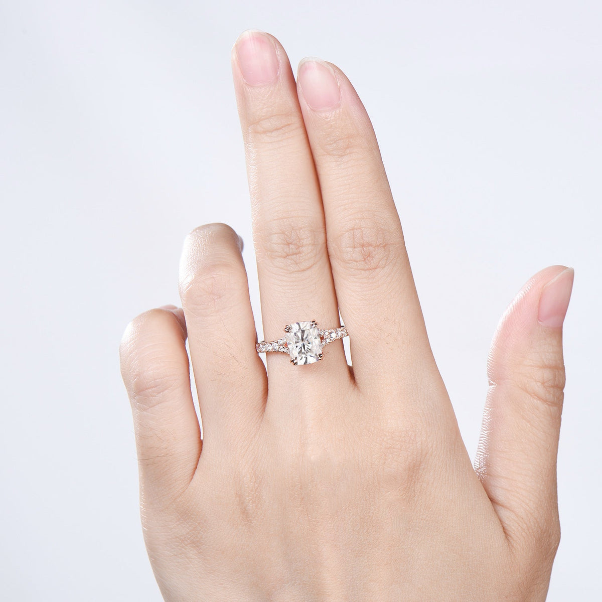 Elongated Cushion Cut Moissanite Engagement Ring, Rose Gold Pave Diamond Split Shank Ring