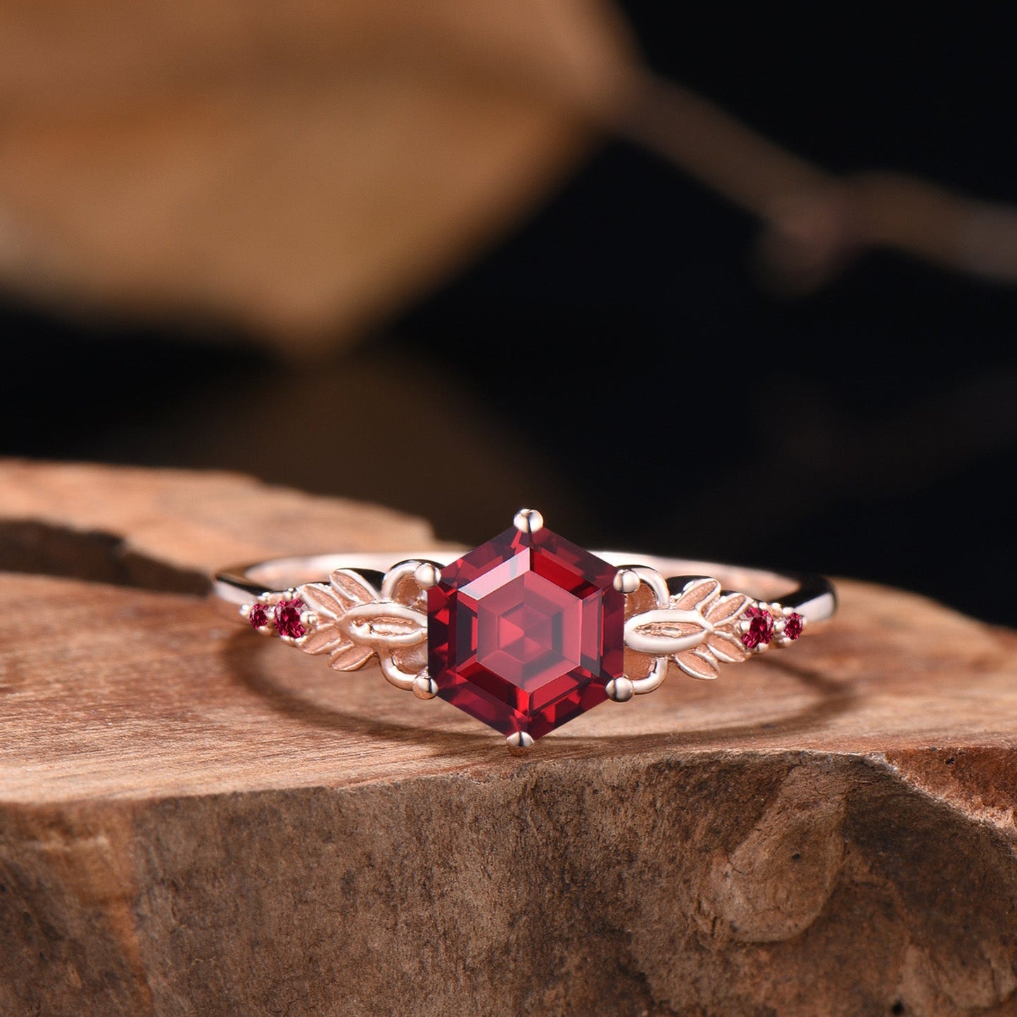 Nature Inspired Ruby Engagement Ring Set Art Deco Floral Flower Moissanite Wedding Set For Women (Copy)