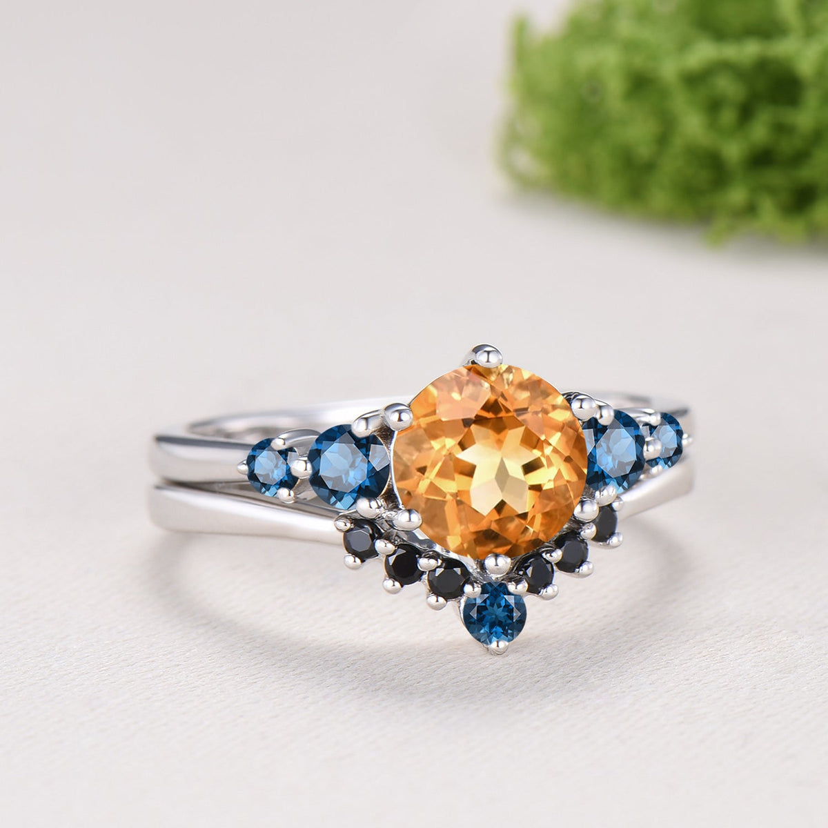 Dainty Natural Citrine Engagement Ring, Five Stone London Blue Topaz Wedding Band, November Birthstone Bridal Set