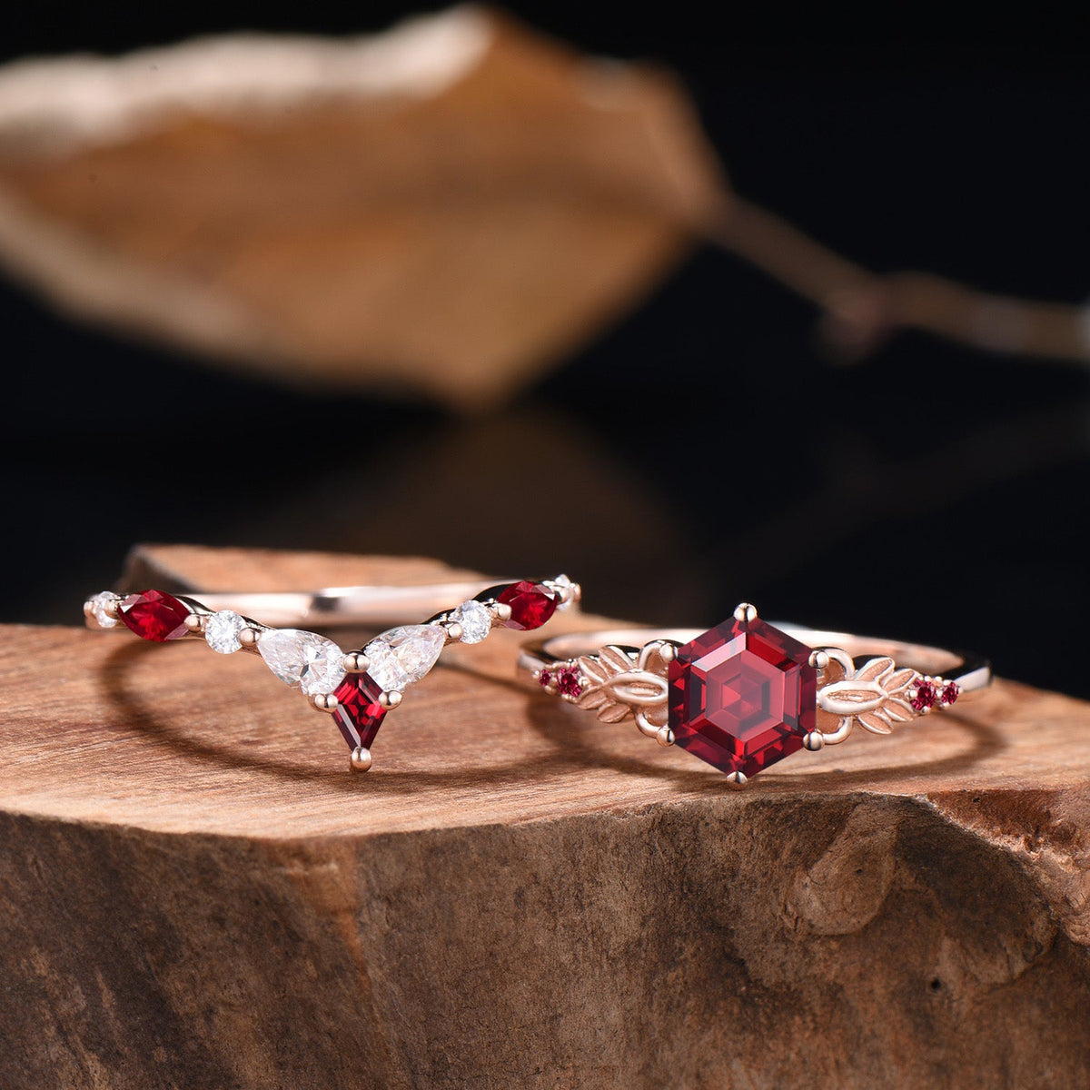 Nature Inspired Ruby Engagement Ring Set Art Deco Floral Flower Moissanite Wedding Set For Women (Copy)