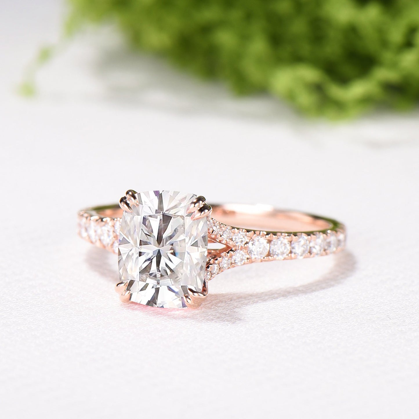 Elongated Cushion Cut Moissanite Engagement Ring, Rose Gold Pave Diamond Split Shank Ring