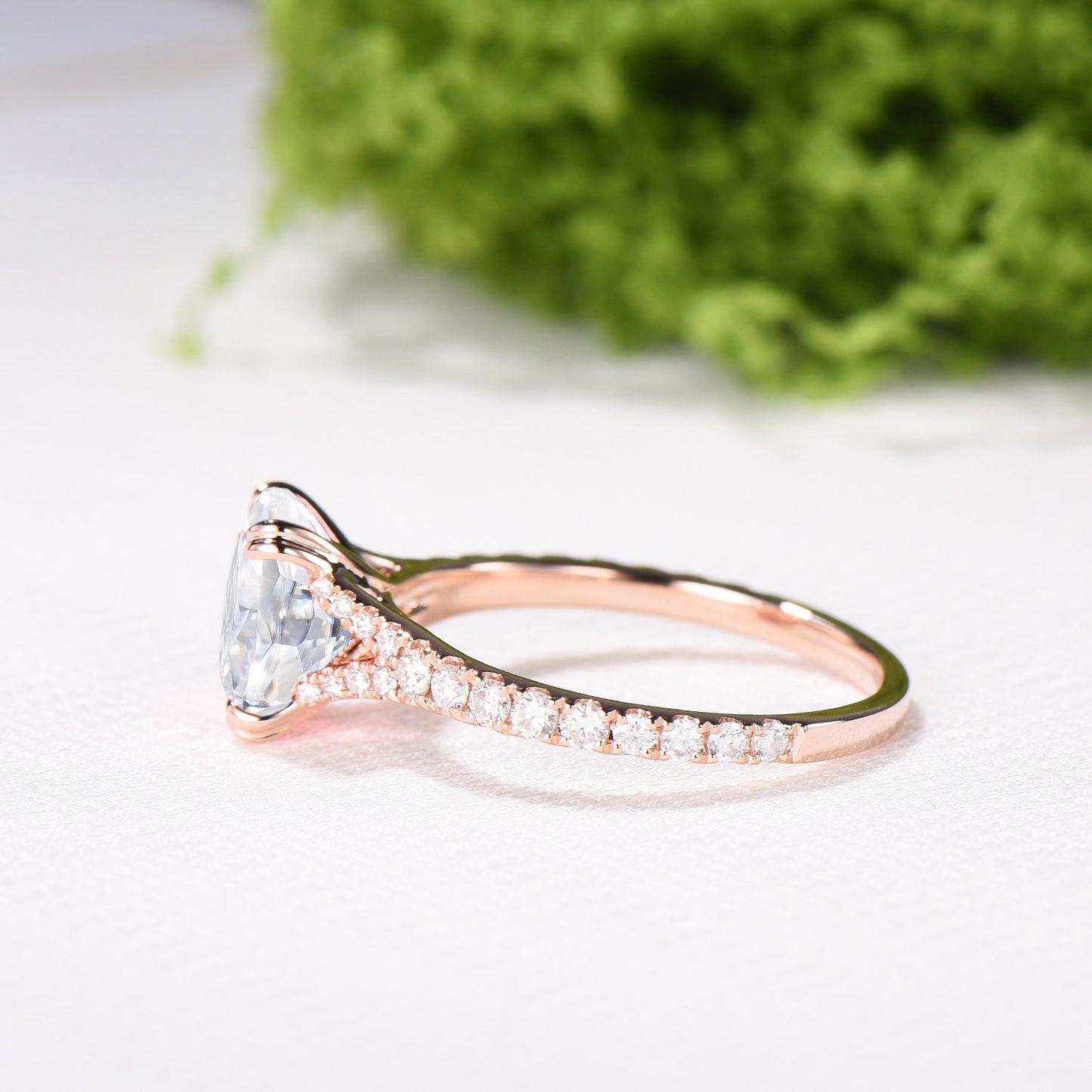 Elongated Cushion Cut Moissanite Engagement Ring, Rose Gold Pave Diamond Split Shank Ring