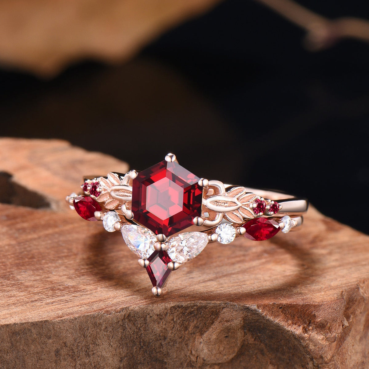 Nature Inspired Ruby Engagement Ring Set Art Deco Floral Flower Moissanite Wedding Set For Women (Copy)