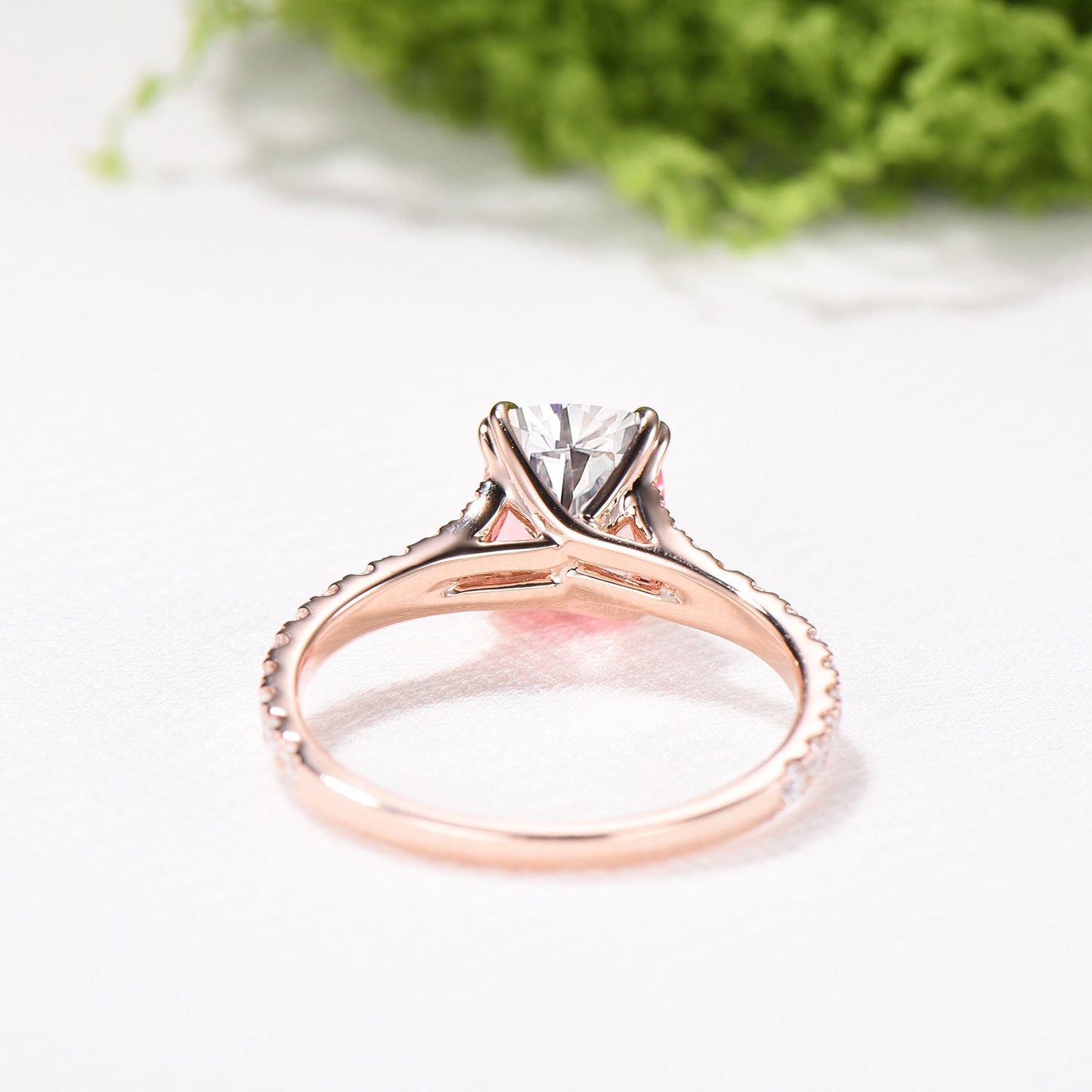 Elongated Cushion Cut Moissanite Engagement Ring, Rose Gold Pave Diamond Split Shank Ring