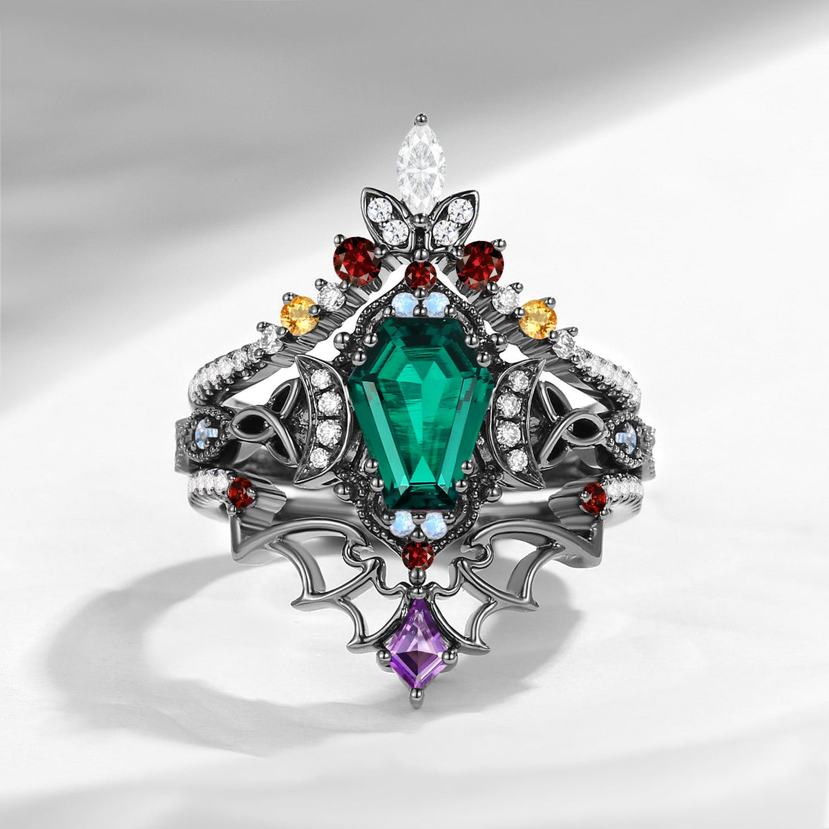 Celtic Moon - Unique Gothic Bat Coffin Lab Emerald Ring Set in Black Gold
