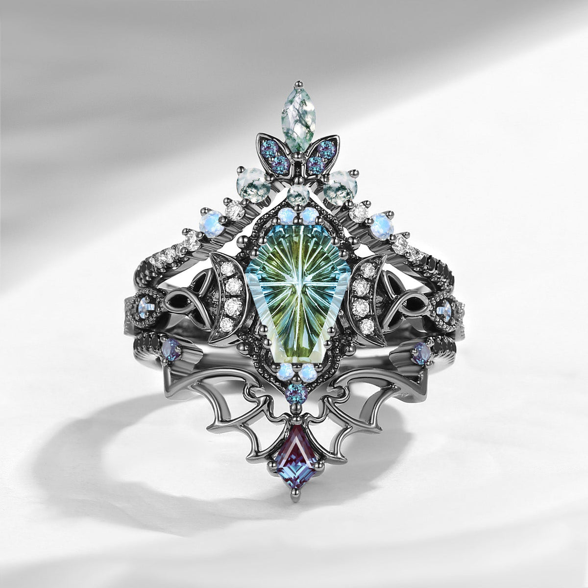Crescent Moon - Fantasy Carved Natural Multi-Colored Sapphire Celtic Knot Ring Set In Black Gold