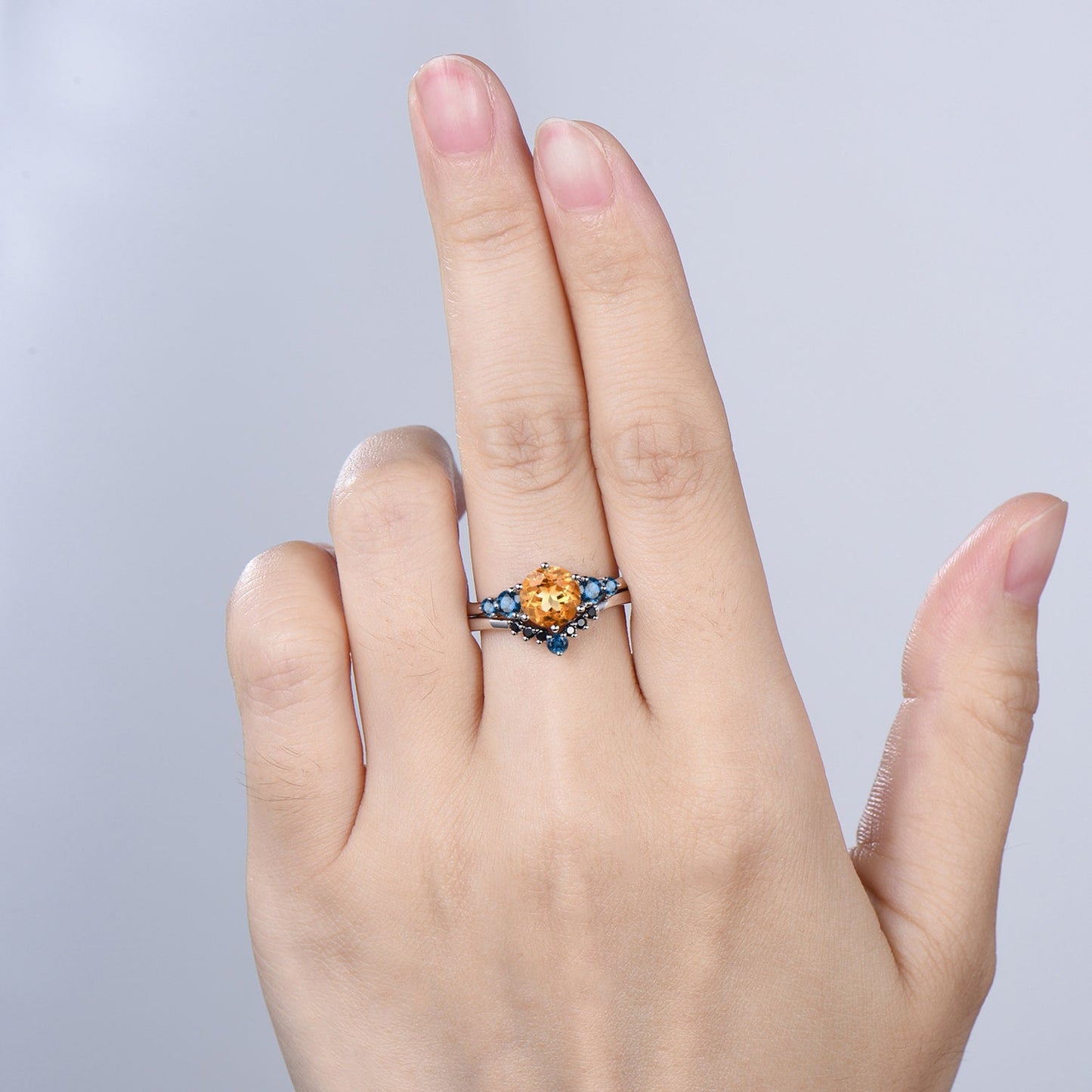 Dainty Natural Citrine Engagement Ring, Five Stone London Blue Topaz Wedding Band, November Birthstone Bridal Set