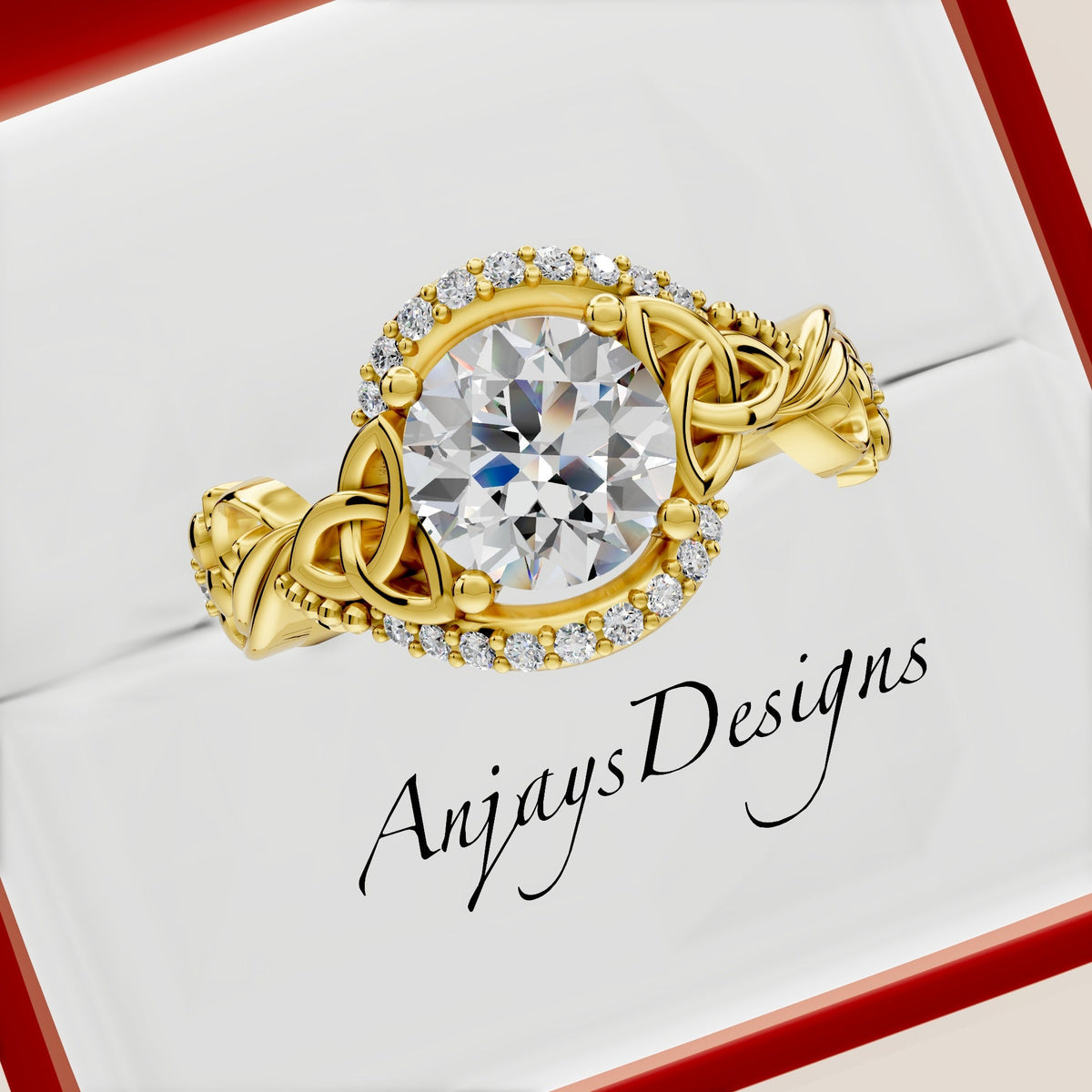 Celtic Engagement Ring 2 Carat Round Lab Grown Diamond Trinity Knot Wedding Ring Nature Inspired