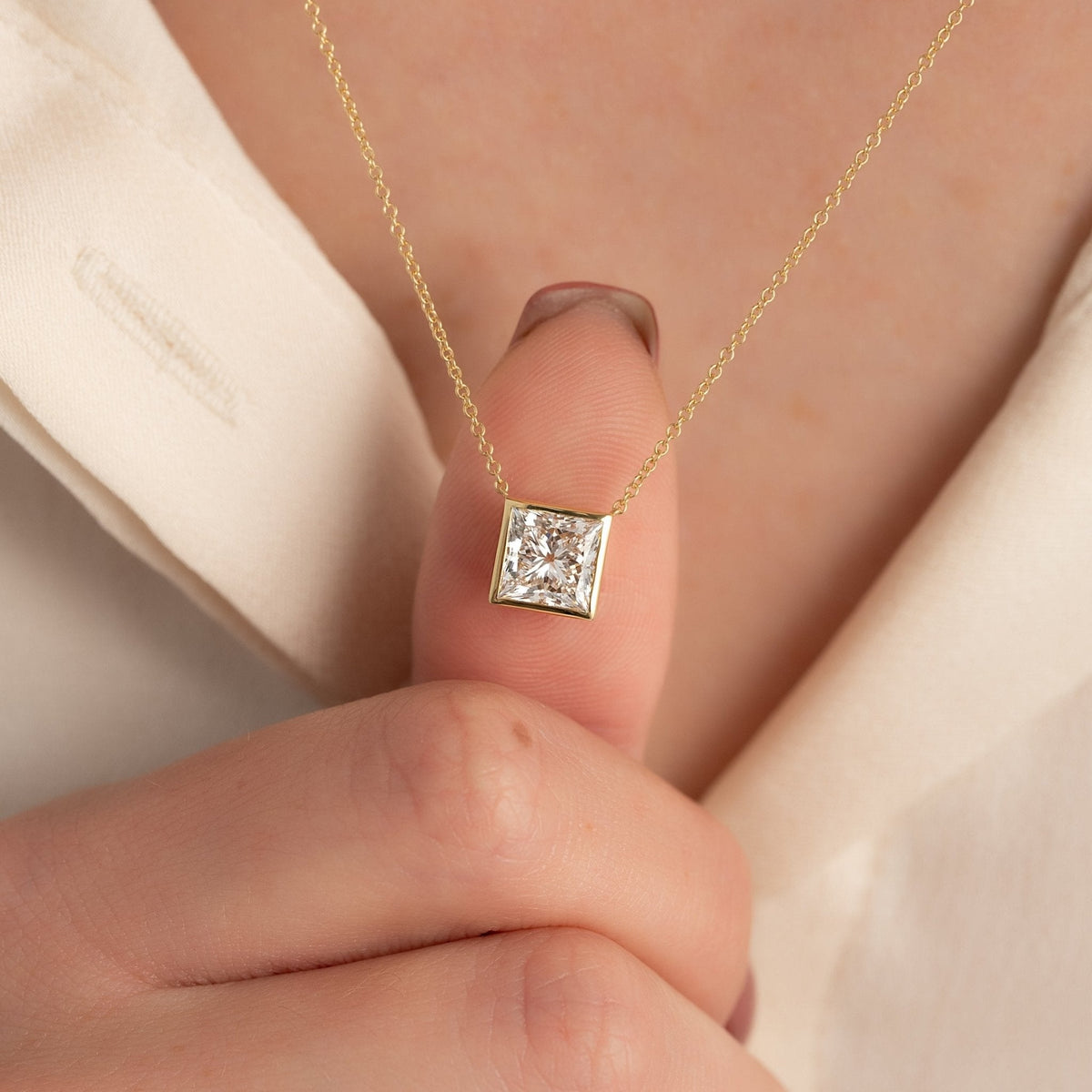 2 Carat Princess Cut Diamond Pendant Necklace in Bezel Setting