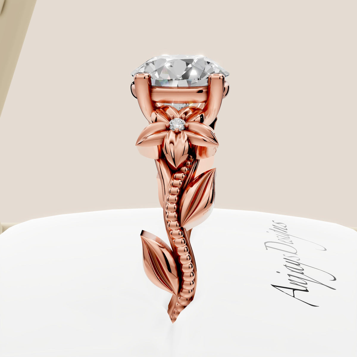 Nature Inspired Diamond Engagement Ring 2 Carat Round Diamond Flower Ring