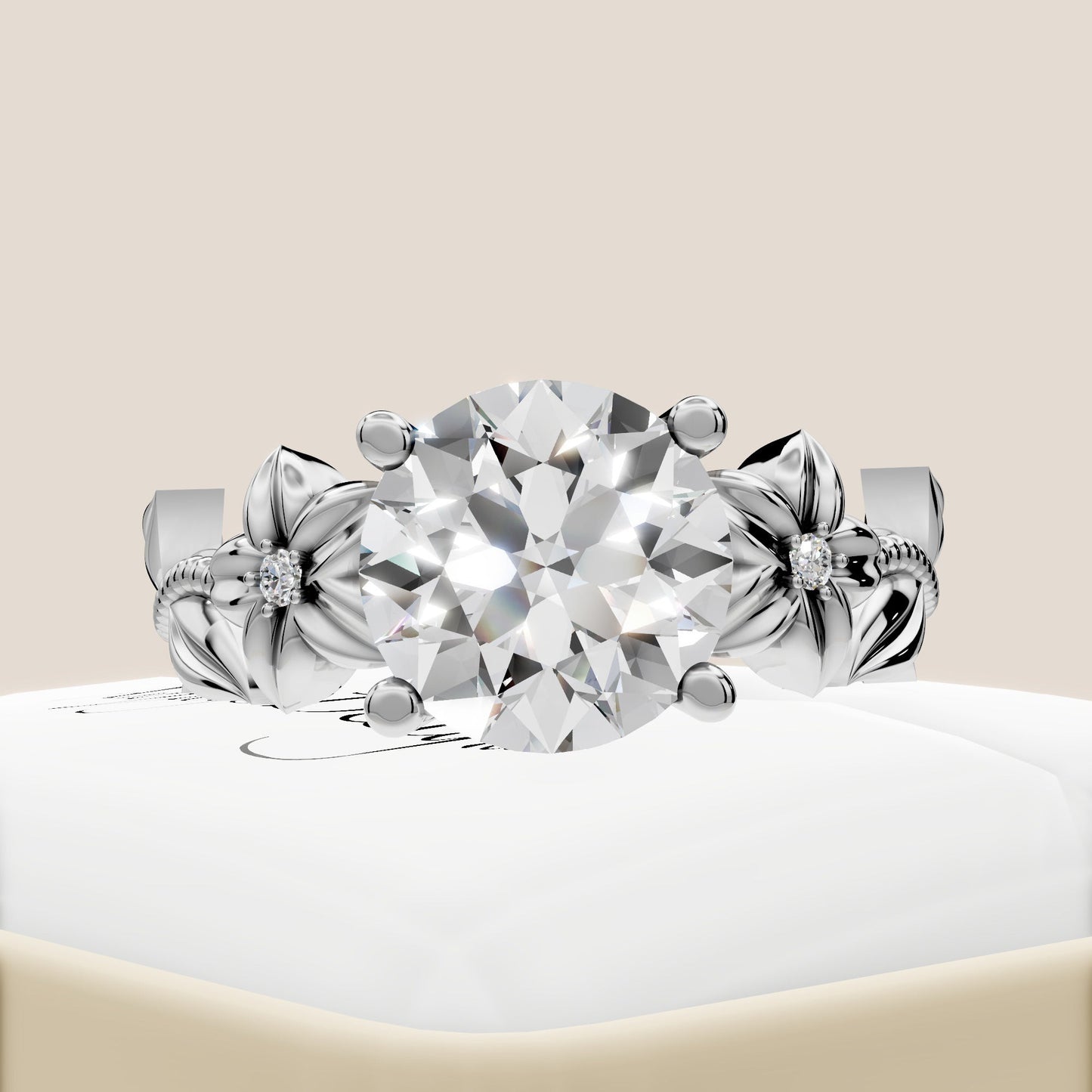 Nature Inspired Diamond Engagement Ring 2 Carat Round Diamond Flower Ring