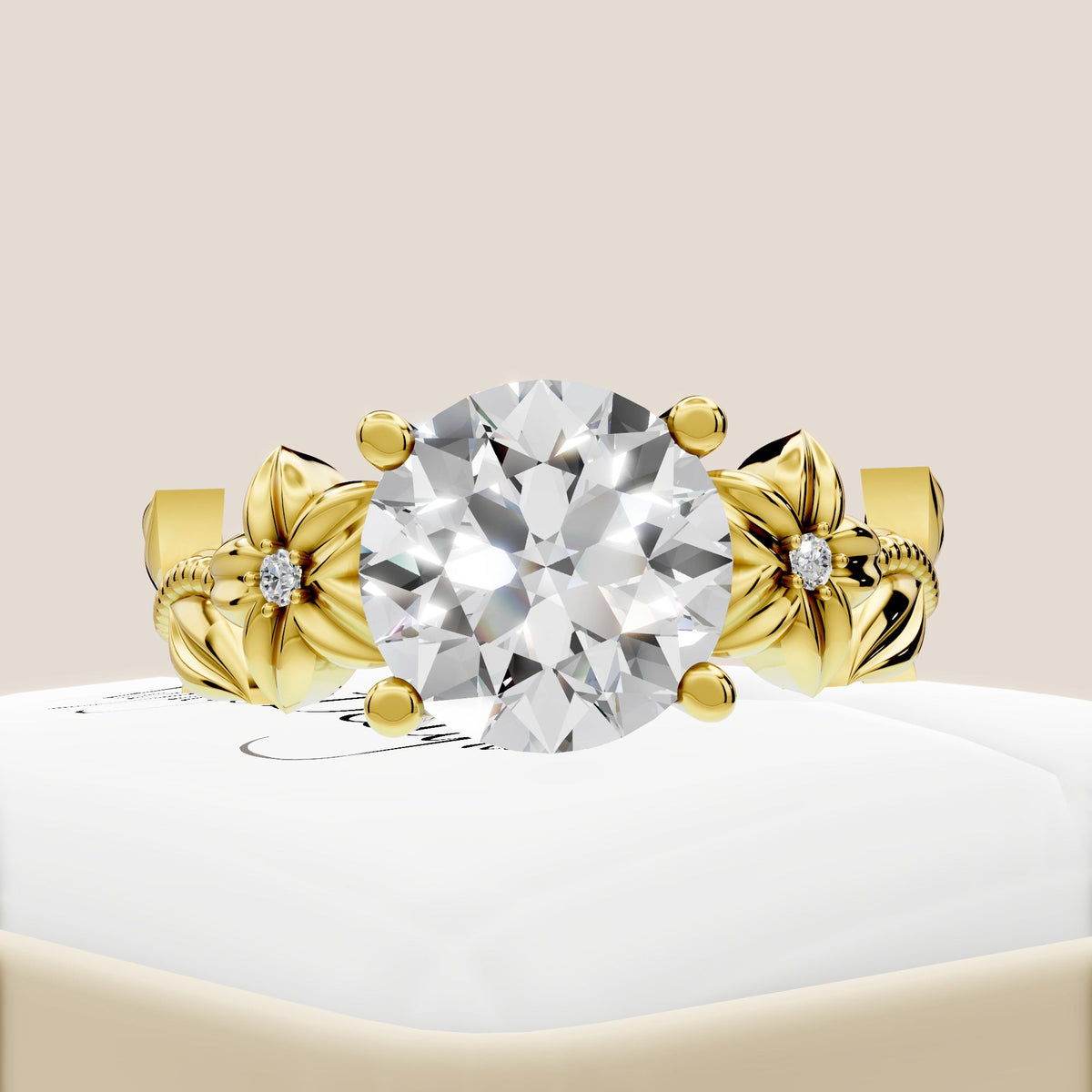 Nature Inspired Diamond Engagement Ring 2 Carat Round Diamond Flower Ring