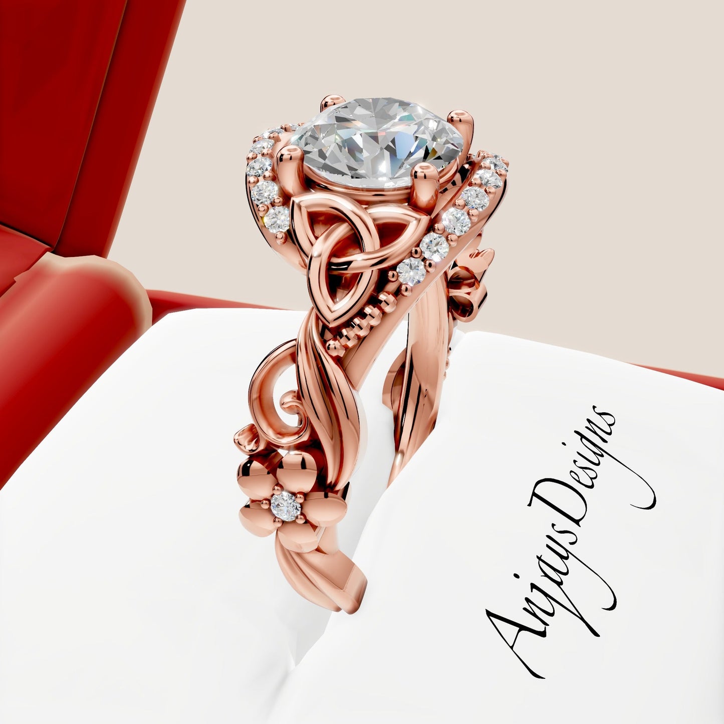 Celtic Engagement Ring 2 Carat Round Lab Grown Diamond Trinity Knot Wedding Ring Nature Inspired