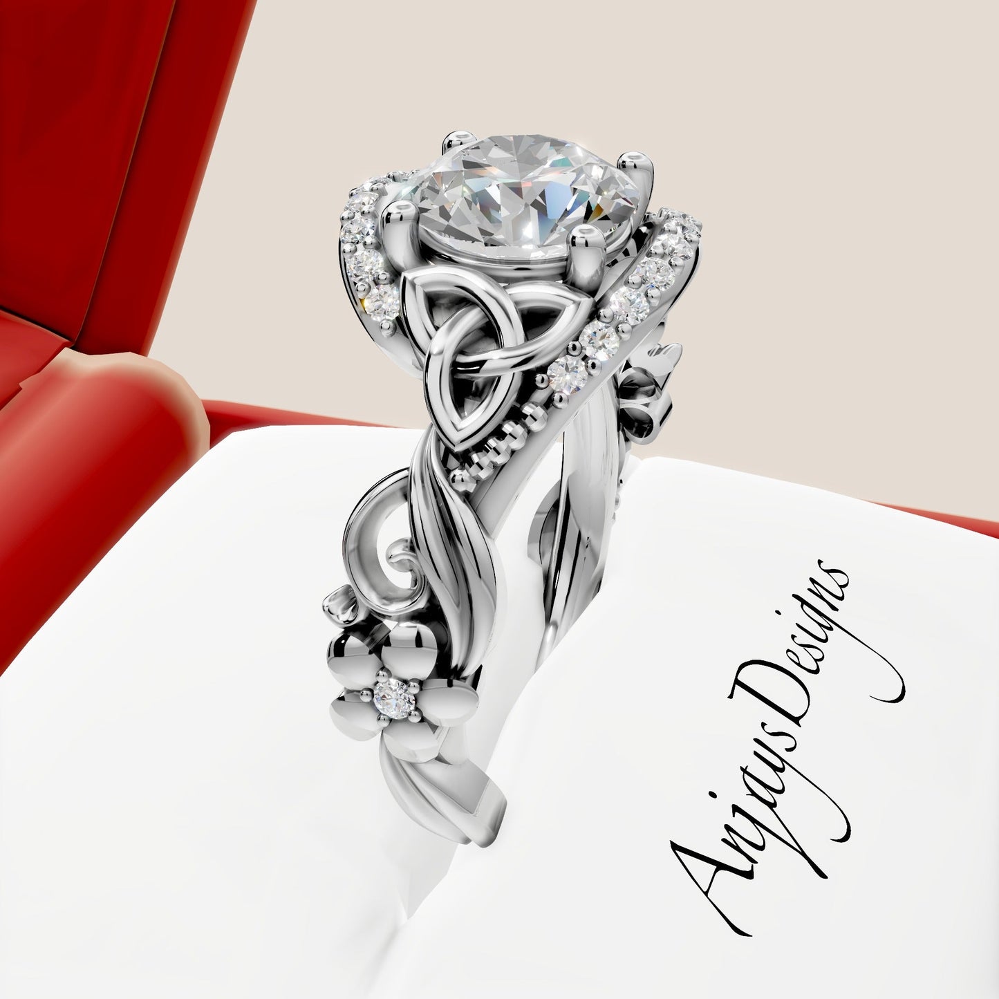 Celtic Engagement Ring 2 Carat Round Lab Grown Diamond Trinity Knot Wedding Ring Nature Inspired