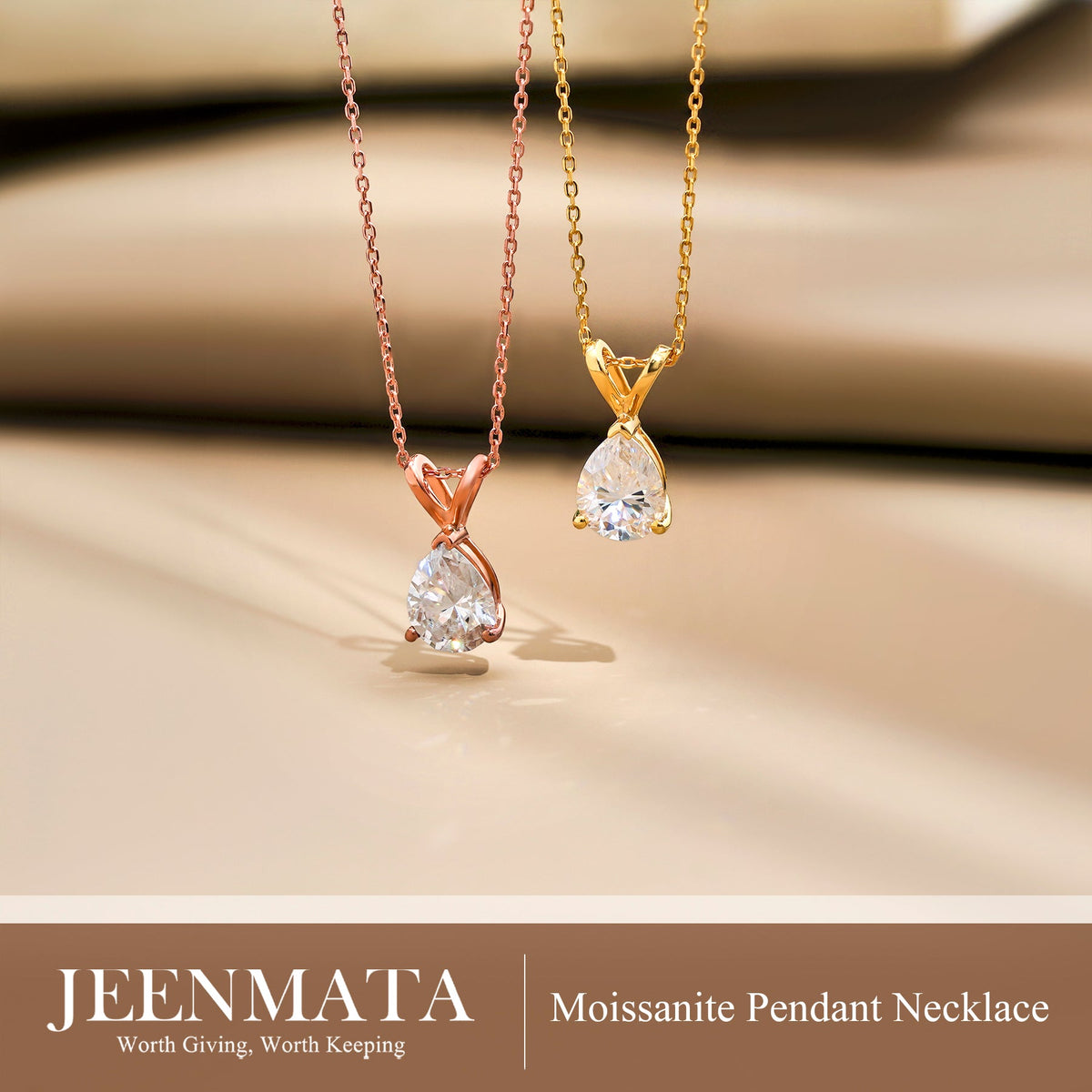 1/2 Carat Oval/Pear Shape Moissanite - Classic Pendant Necklace - 18K Gold Plating for Women