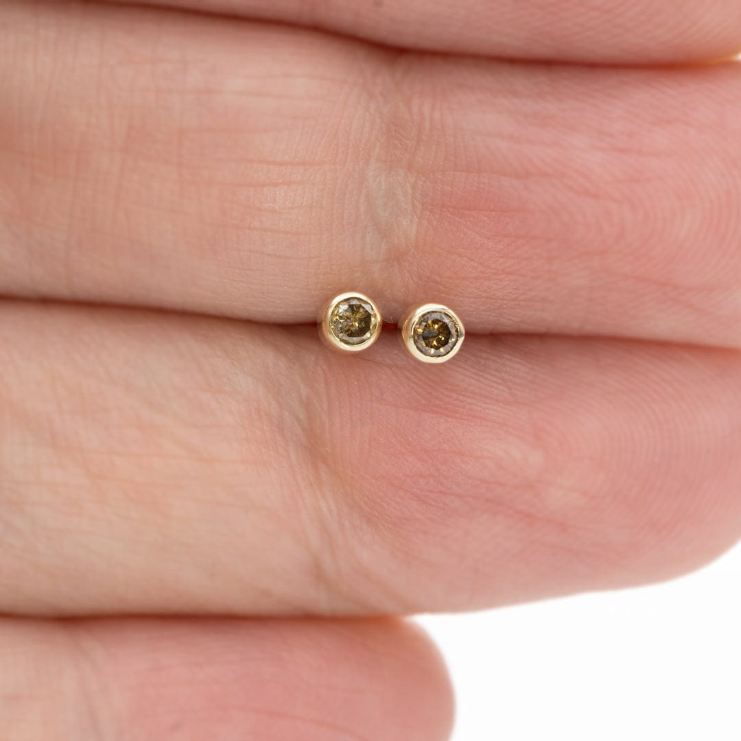 Tiny Cognac Colored Diamond Bezel Set Stud Earrings