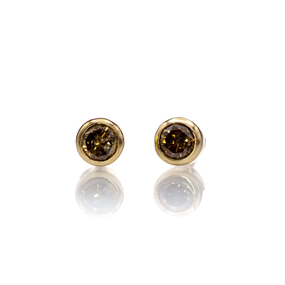 Tiny Cognac Colored Diamond Bezel Set Stud Earrings