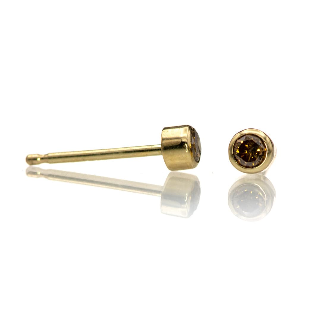 Tiny Cognac Colored Diamond Bezel Set Stud Earrings