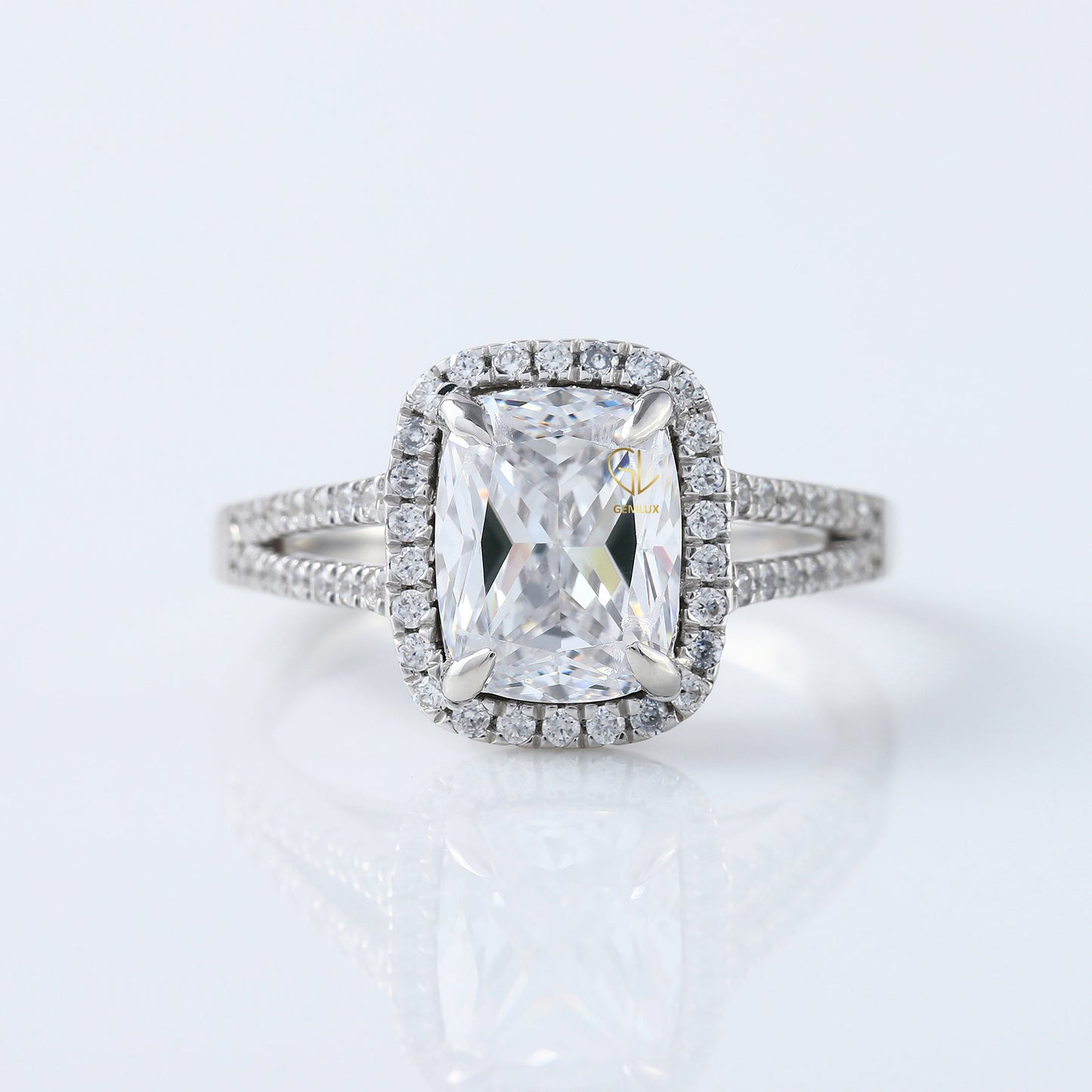 2.5 Ct Elongated Cushion Cut Moissanite Halo Split Shank White Gold Ring