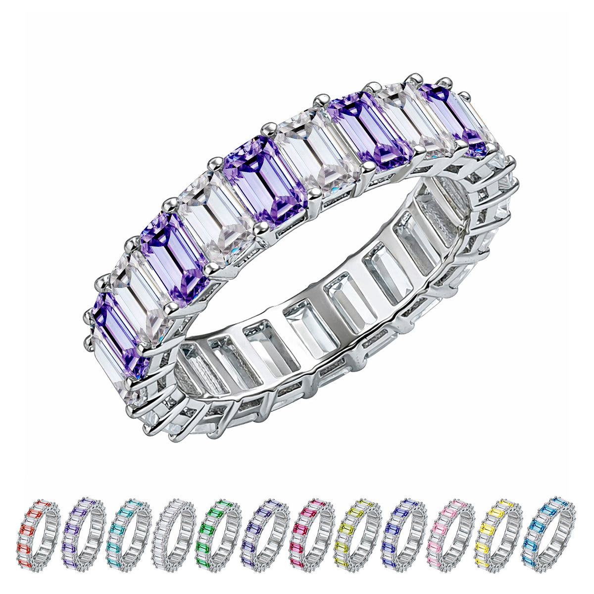 10 Carat Emerald Cut Birthstone - Multicolor Eternity Wedding Band