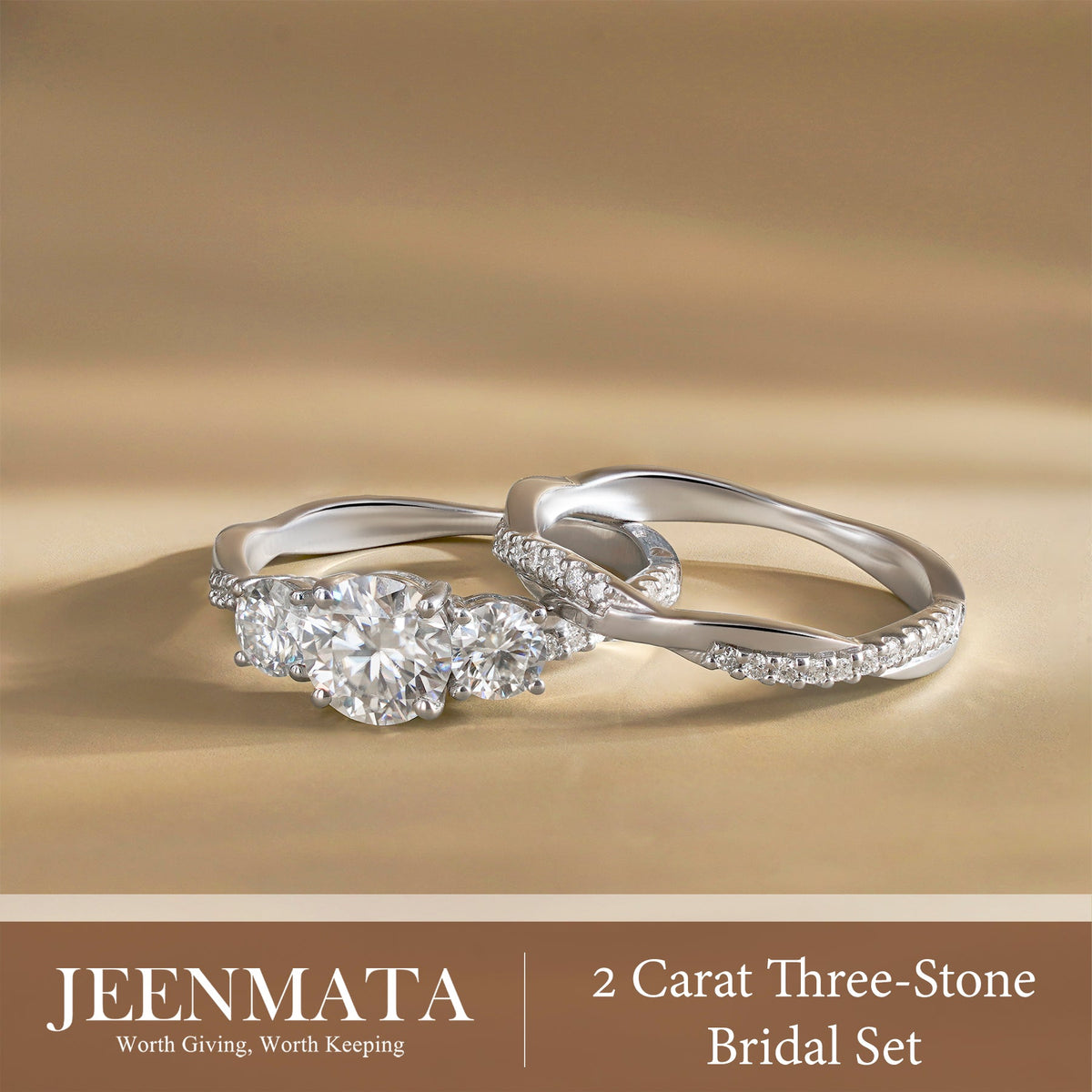 2 Carat Lab Grown Diamond Bridal Ring Set for Women, Round Cut 3 Stone Engagement Ring with Matching Wedding Band, 18K White Gold Plated Silver