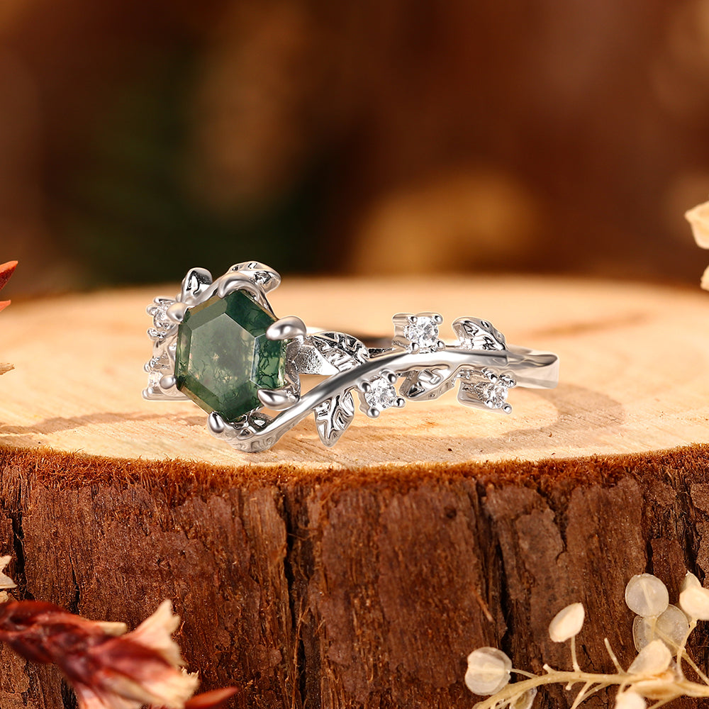 Forest Fairy Hexagon Moss Agate Ring Handcrafted Gold Vine and Leaf Nature Inspired Jewelry