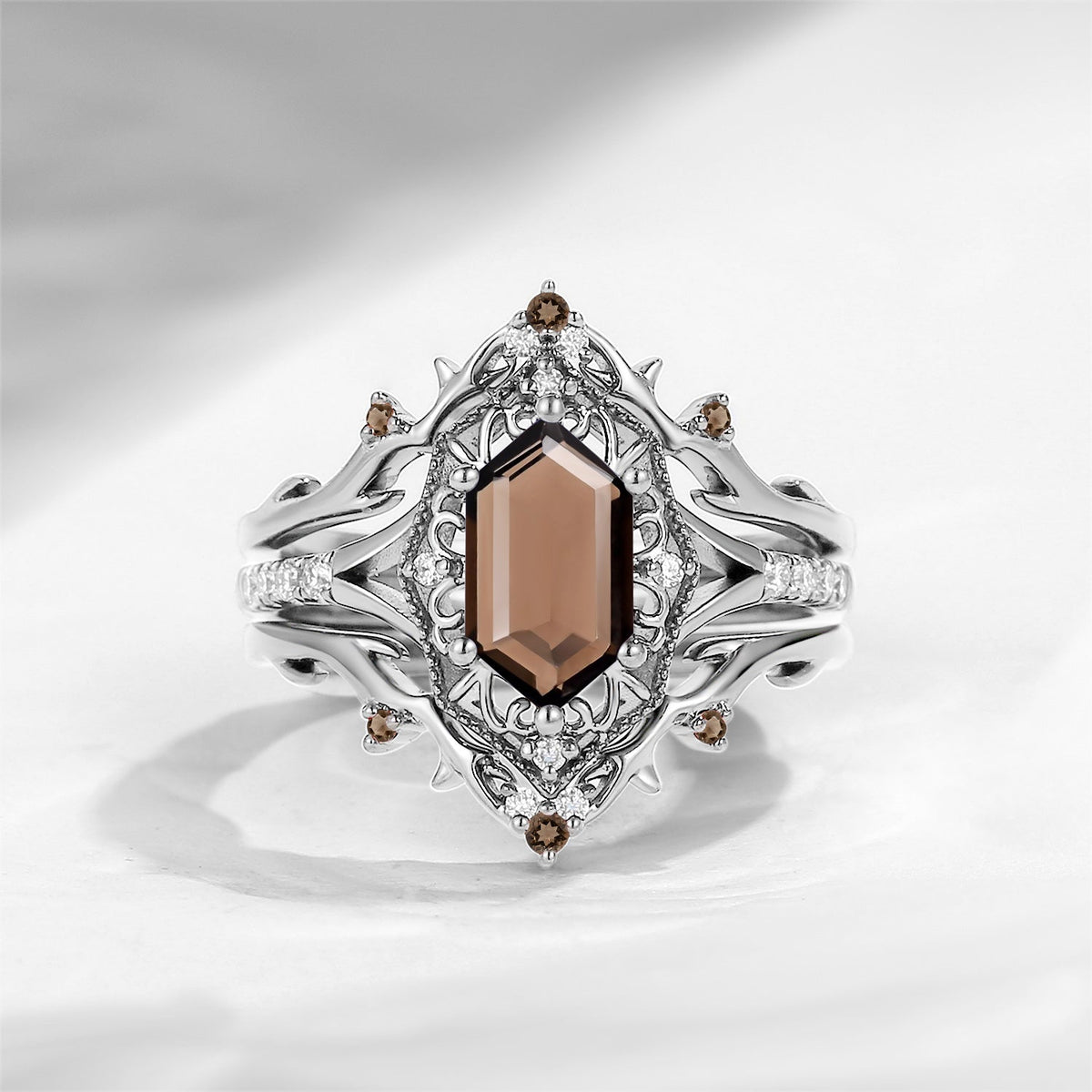 Gothic Inspired Long Hexagon Smokey Quartz 'Fallen Aegis' Shield Engagement Ring Set 3pcs