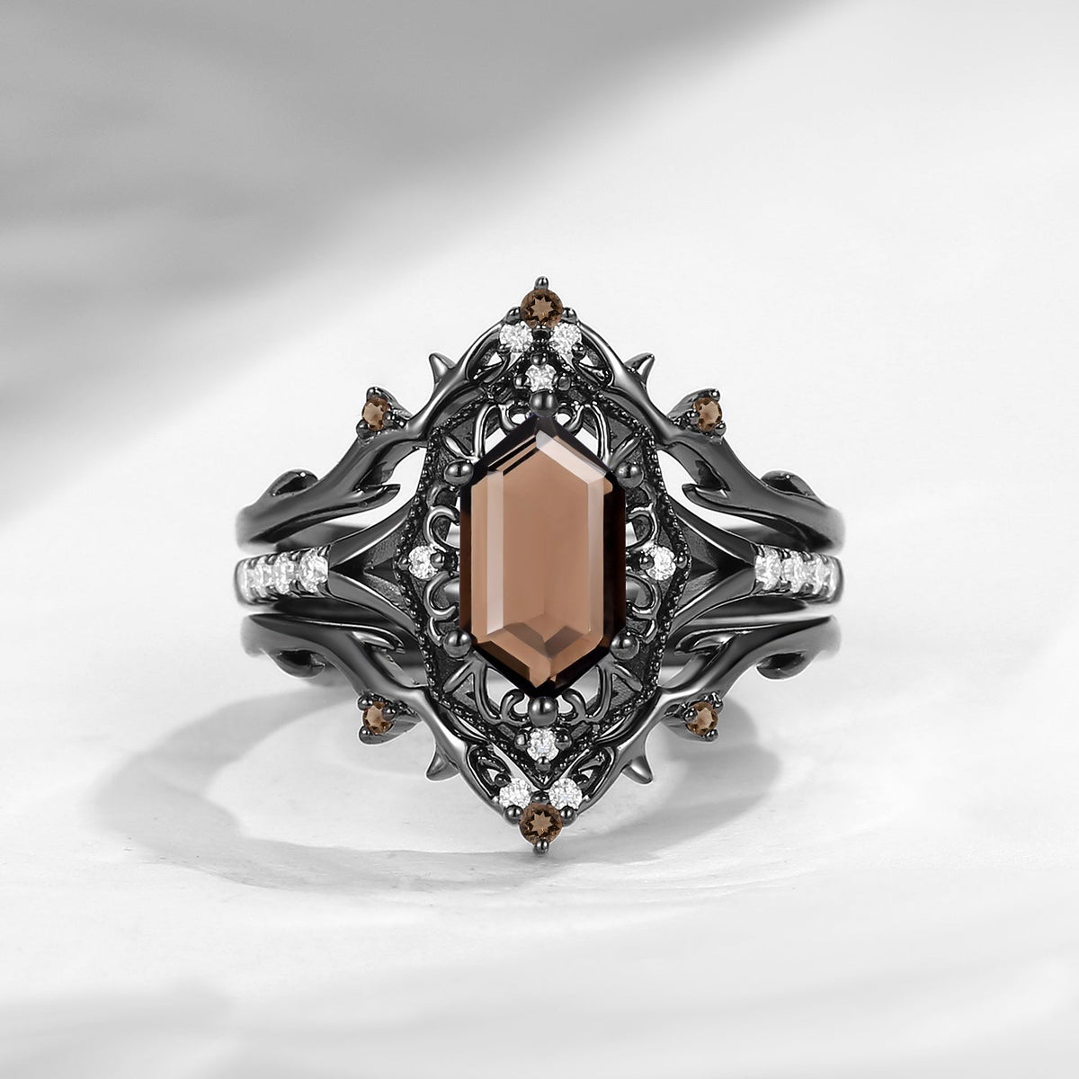 Gothic Inspired Long Hexagon Smokey Quartz 'Fallen Aegis' Shield Engagement Ring Set 3pcs