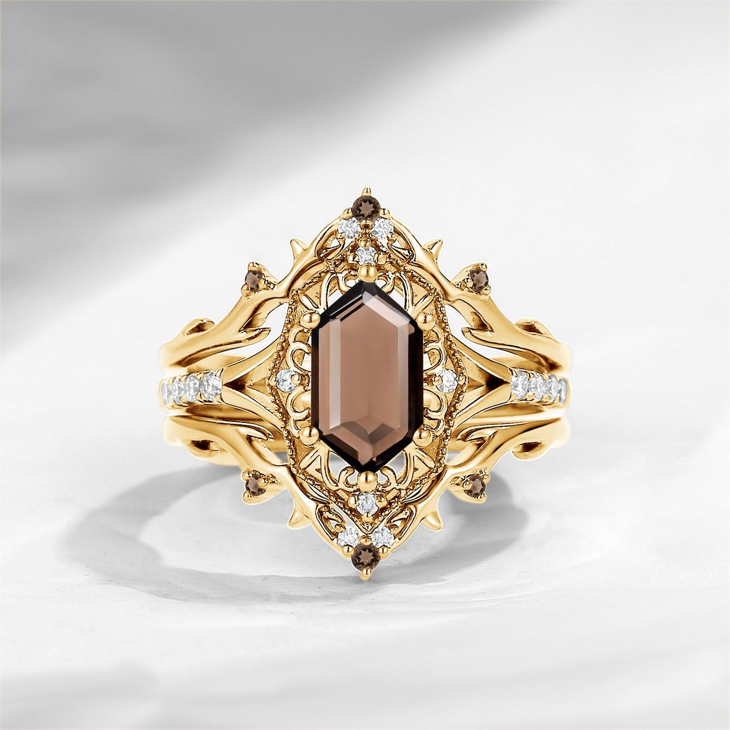 Gothic Inspired Long Hexagon Smokey Quartz 'Fallen Aegis' Shield Engagement Ring Set 3pcs