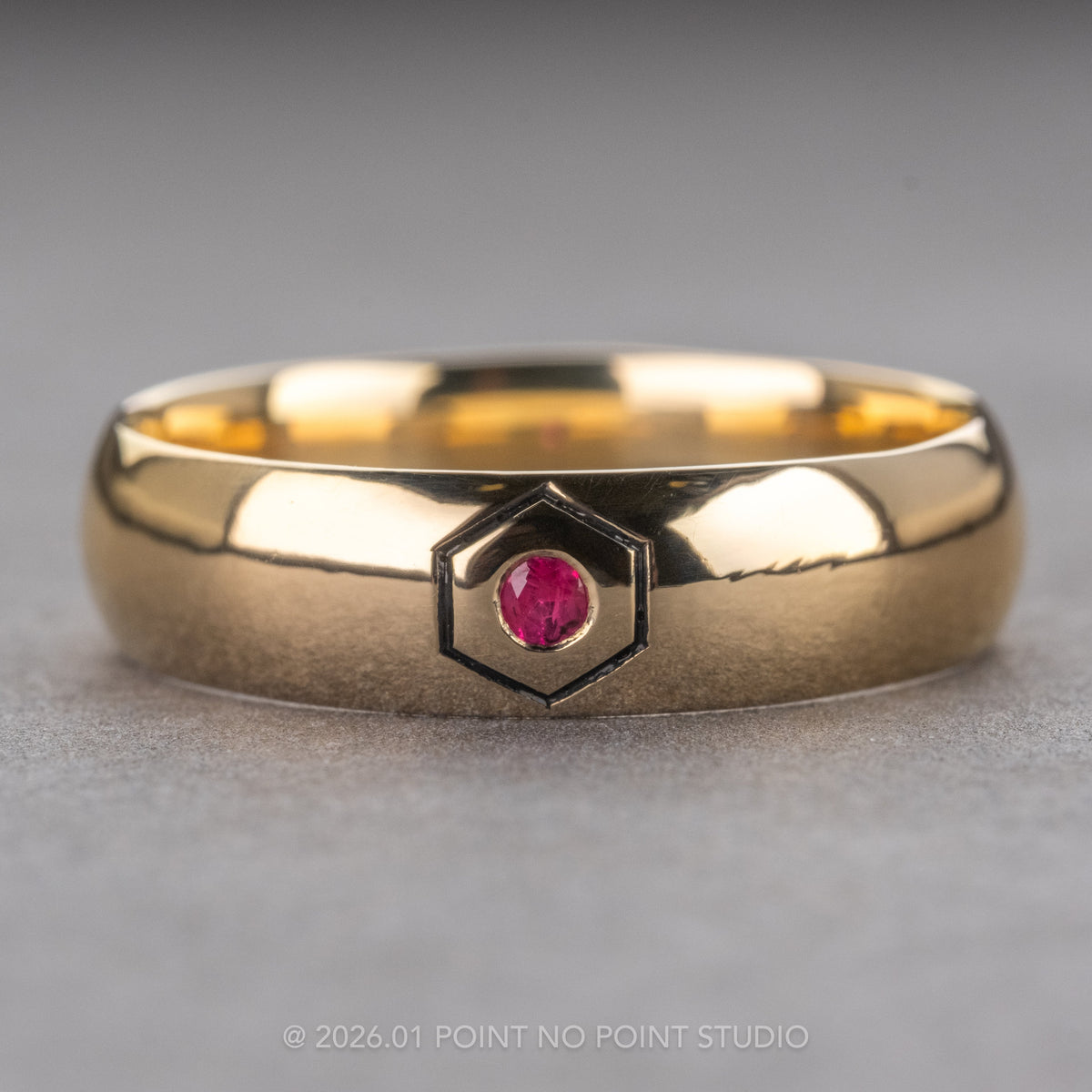Hexagon Outlined Ruby Half Round Mens Wedding Band, Comfort Fit
