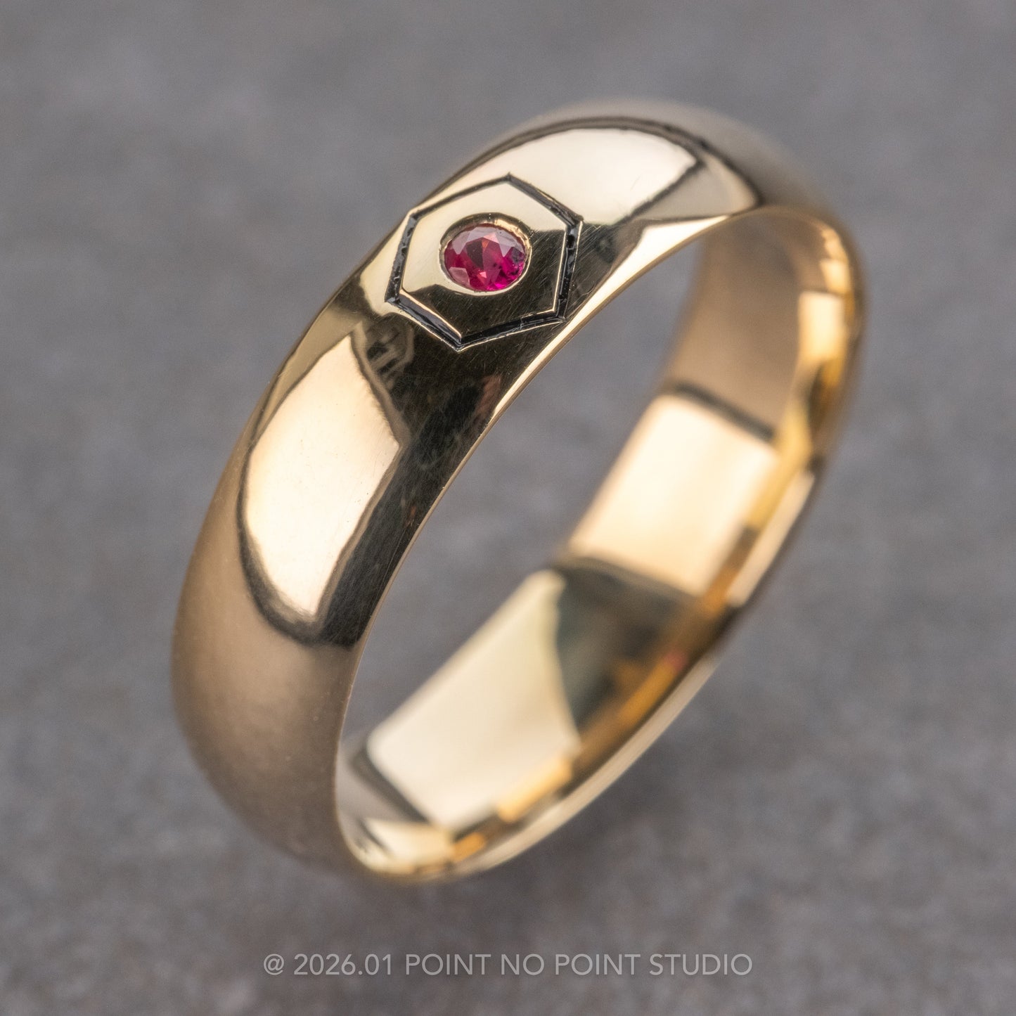 Hexagon Outlined Ruby Half Round Mens Wedding Band, Comfort Fit