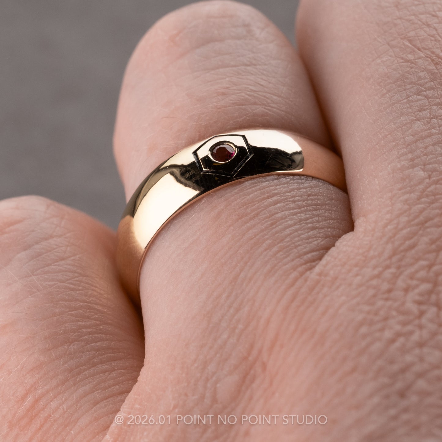 Hexagon Outlined Ruby Half Round Mens Wedding Band, Comfort Fit