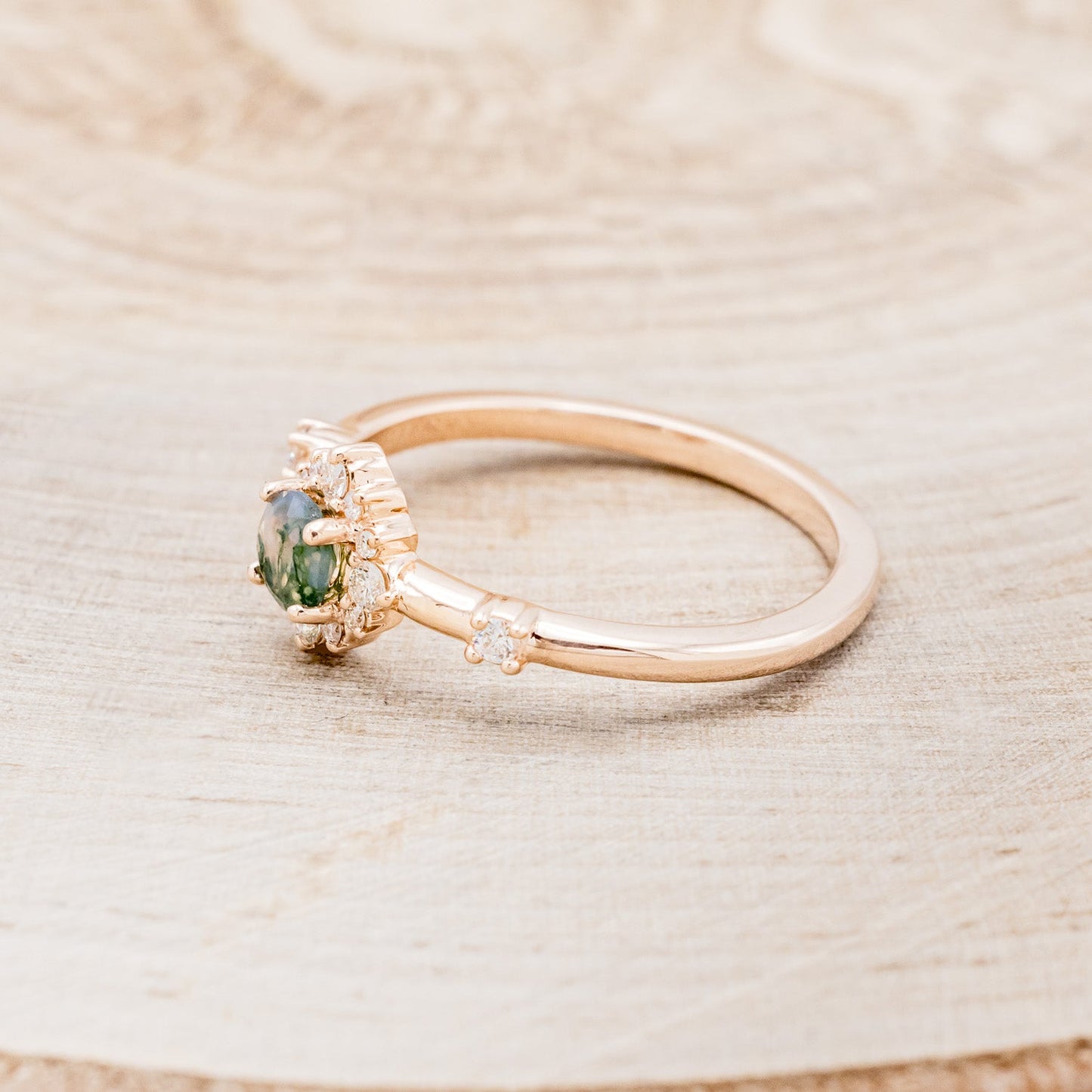 "Starla" - Moss Agate Engagement Ring With Starburst Diamond Halo