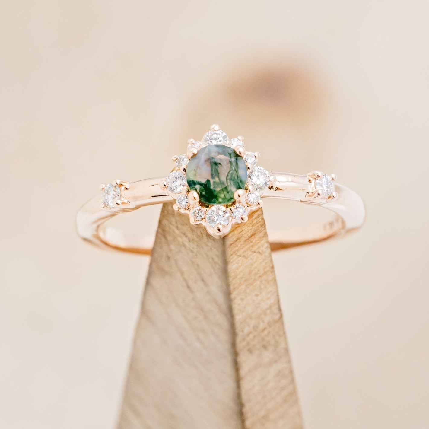 "Starla" - Moss Agate Engagement Ring With Starburst Diamond Halo