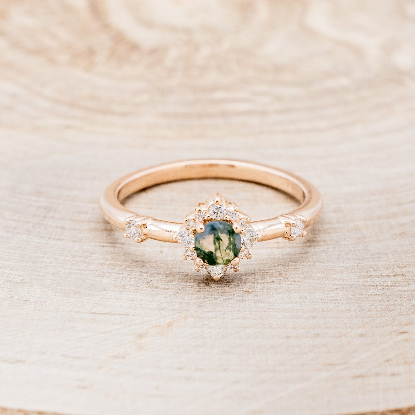 "Starla" - Moss Agate Engagement Ring With Starburst Diamond Halo