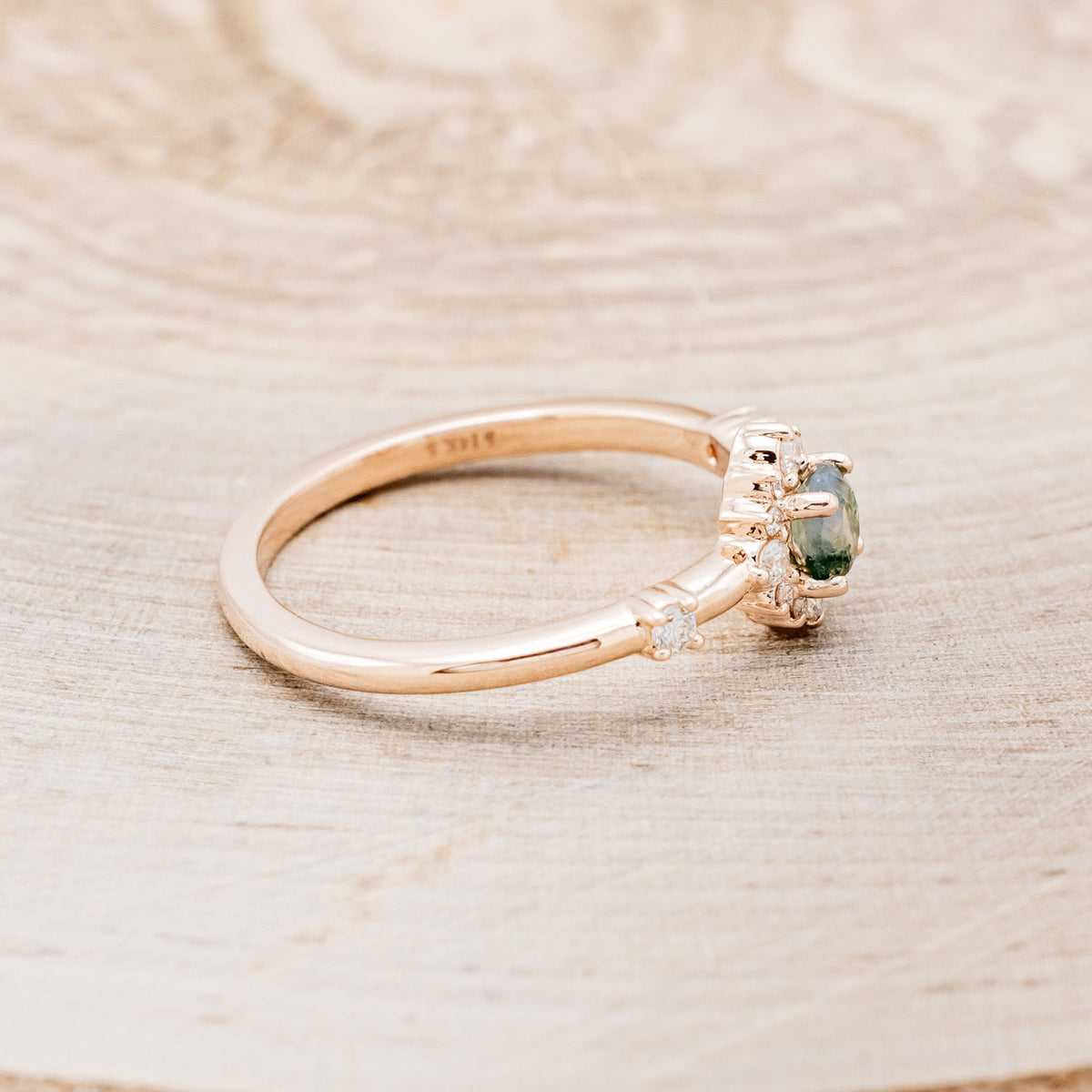 "Starla" - Moss Agate Engagement Ring With Starburst Diamond Halo
