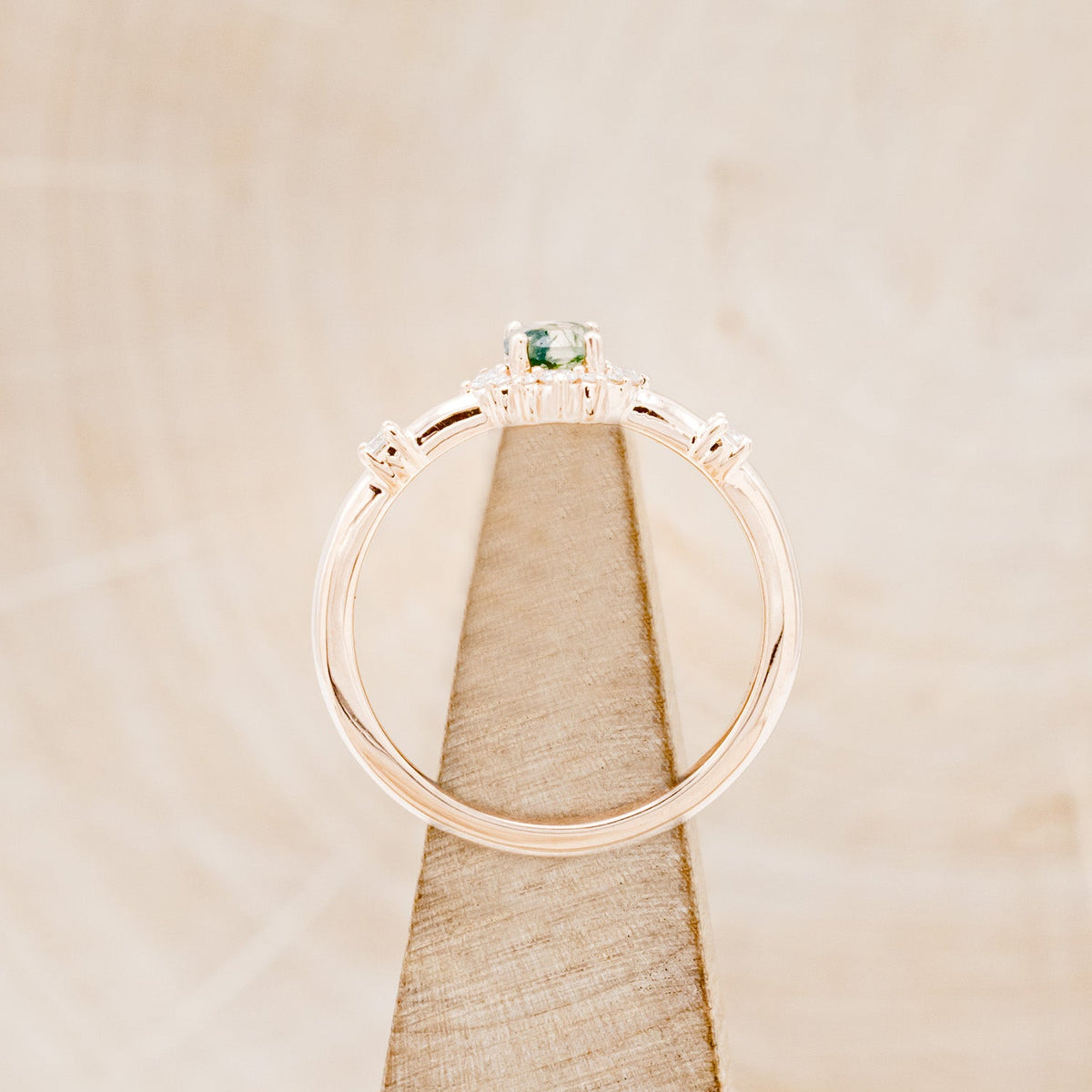 "Starla" - Moss Agate Engagement Ring With Starburst Diamond Halo