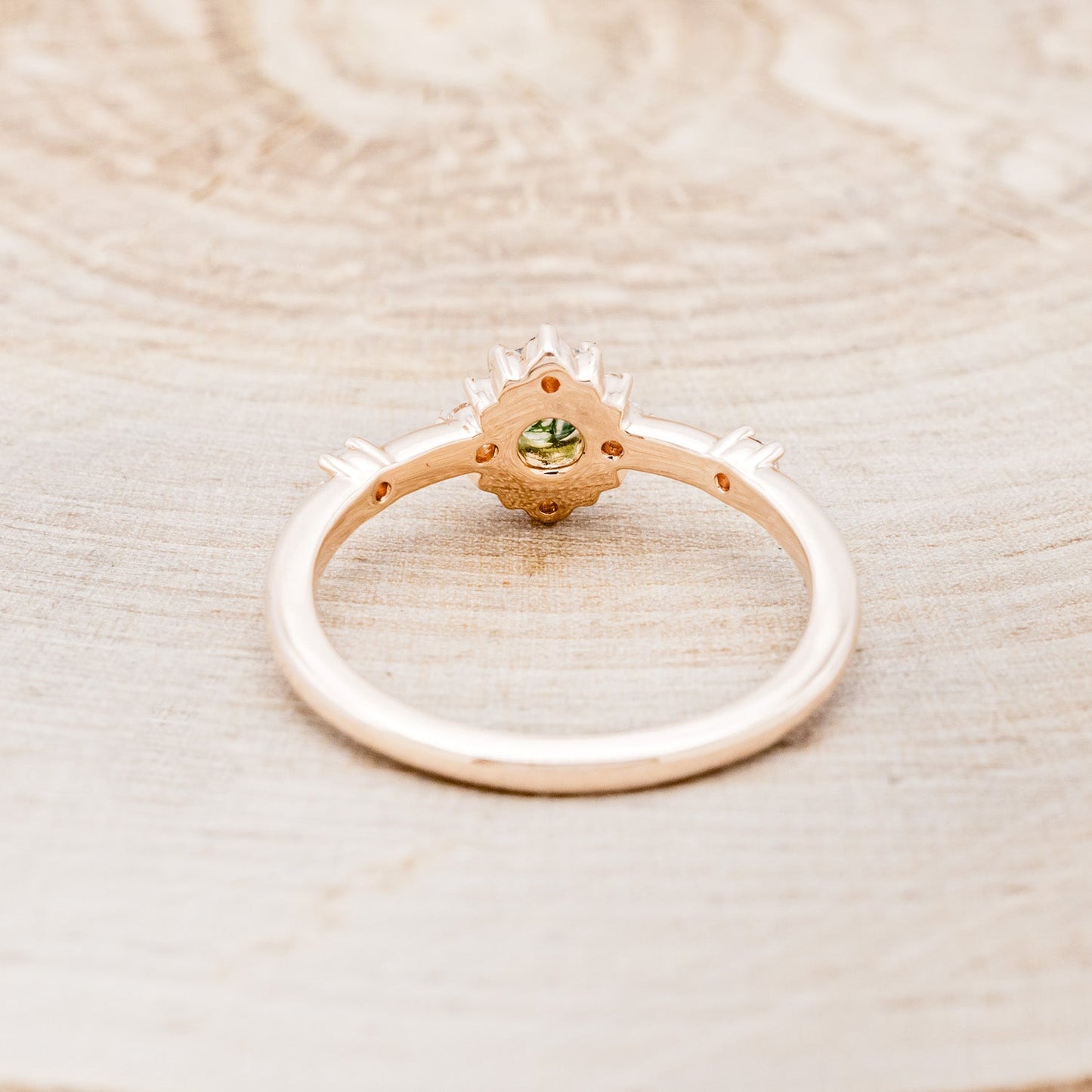 "Starla" - Moss Agate Engagement Ring With Starburst Diamond Halo