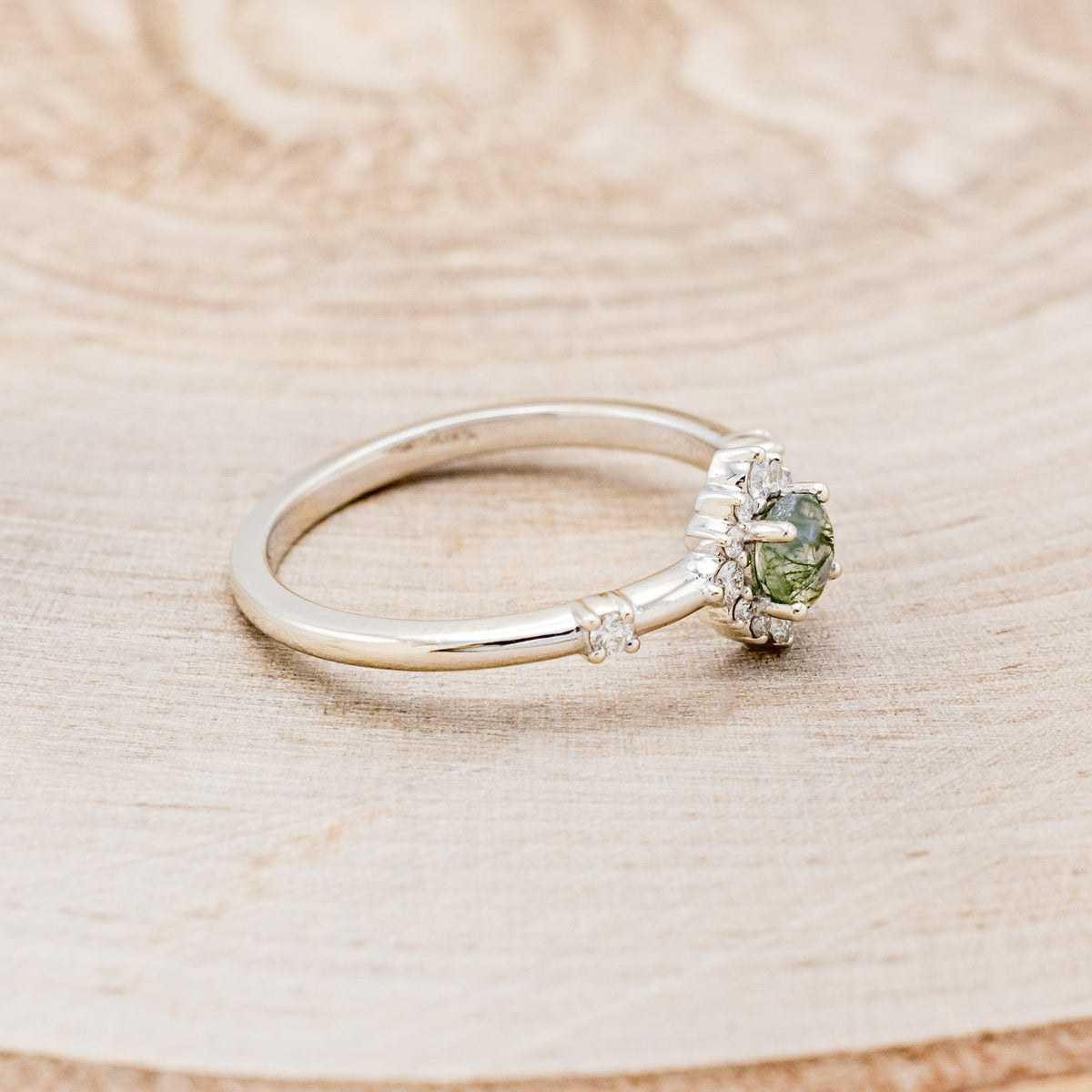 "Starla" - Moss Agate Engagement Ring With Starburst Diamond Halo