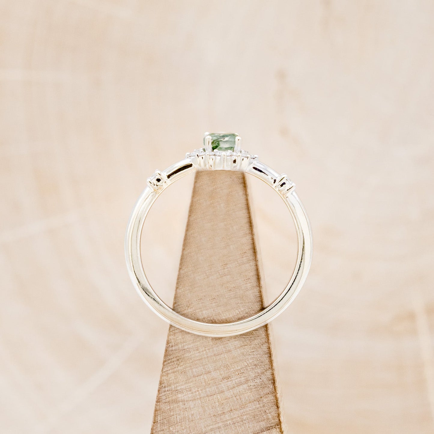 "Starla" - Moss Agate Engagement Ring With Starburst Diamond Halo