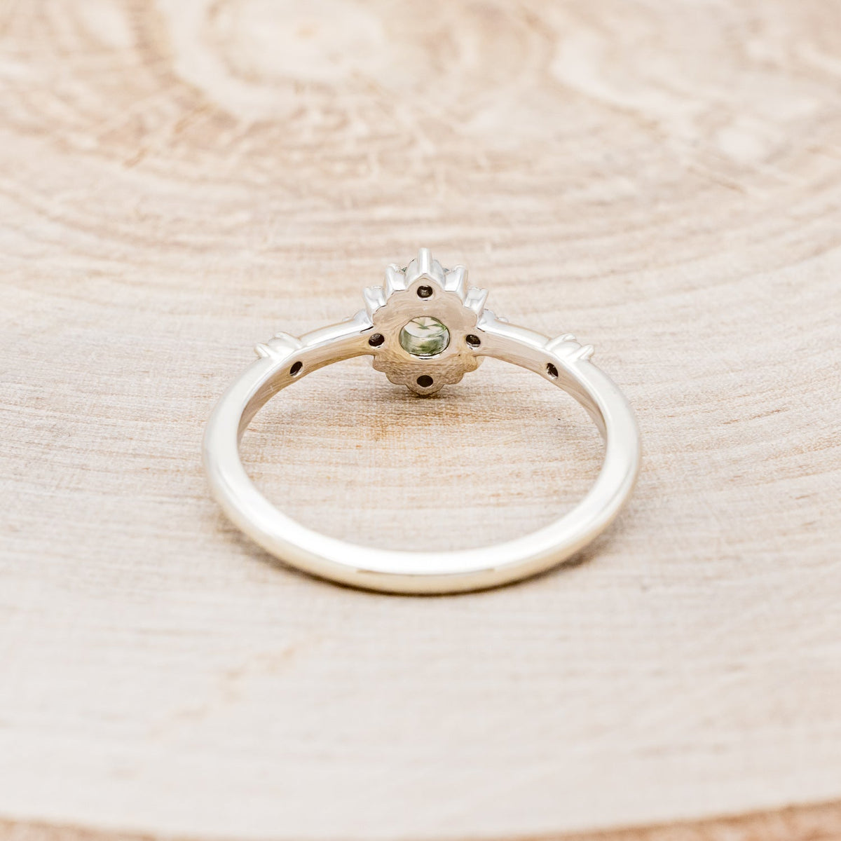 "Starla" - Moss Agate Engagement Ring With Starburst Diamond Halo