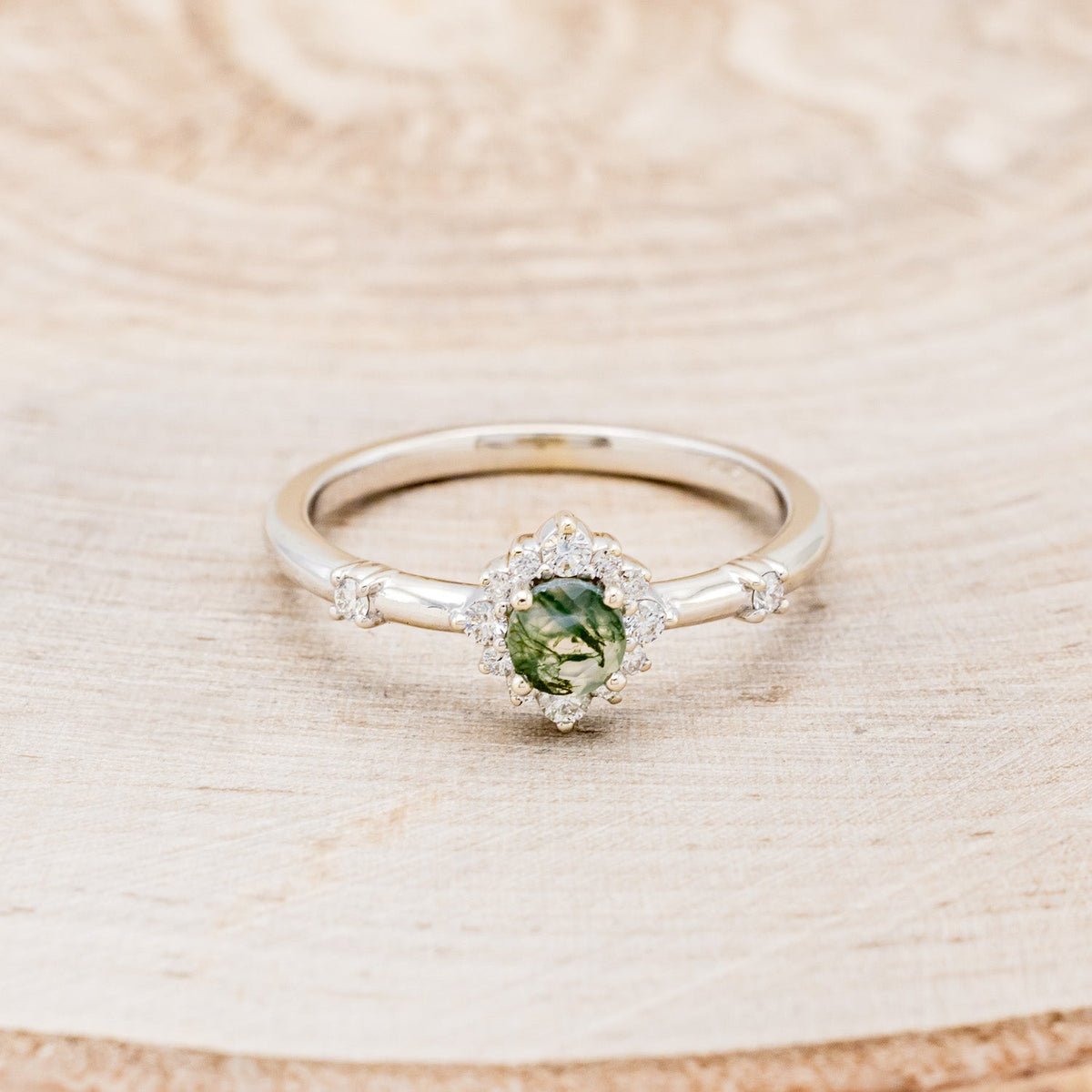 "Starla" - Moss Agate Engagement Ring With Starburst Diamond Halo