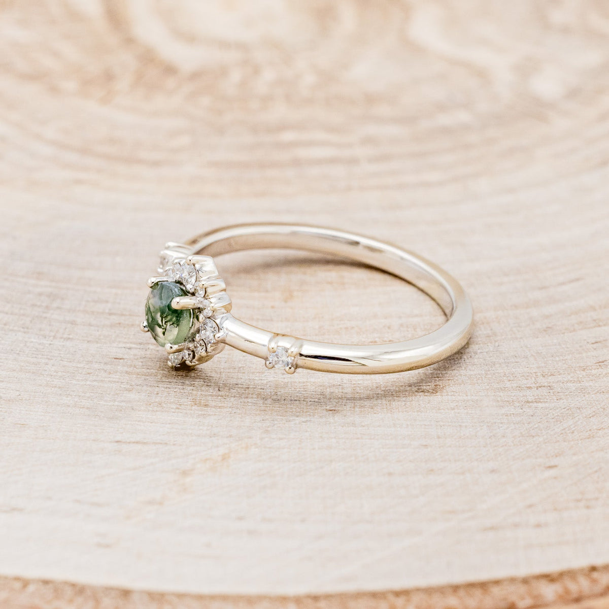 "Starla" - Moss Agate Engagement Ring With Starburst Diamond Halo