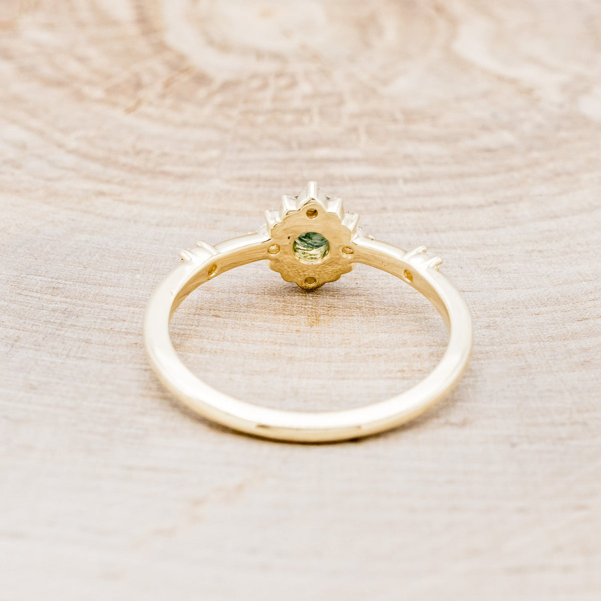 "Starla" - Moss Agate Engagement Ring With Starburst Diamond Halo