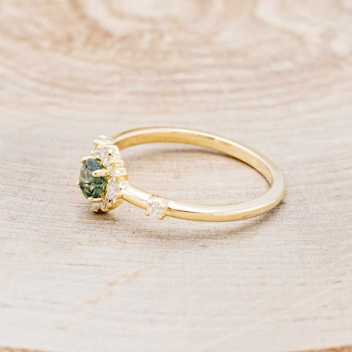 "Starla" - Moss Agate Engagement Ring With Starburst Diamond Halo