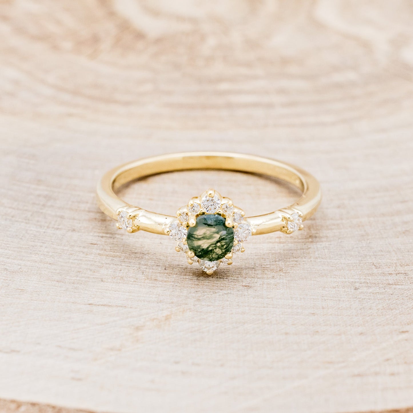 "Starla" - Moss Agate Engagement Ring With Starburst Diamond Halo