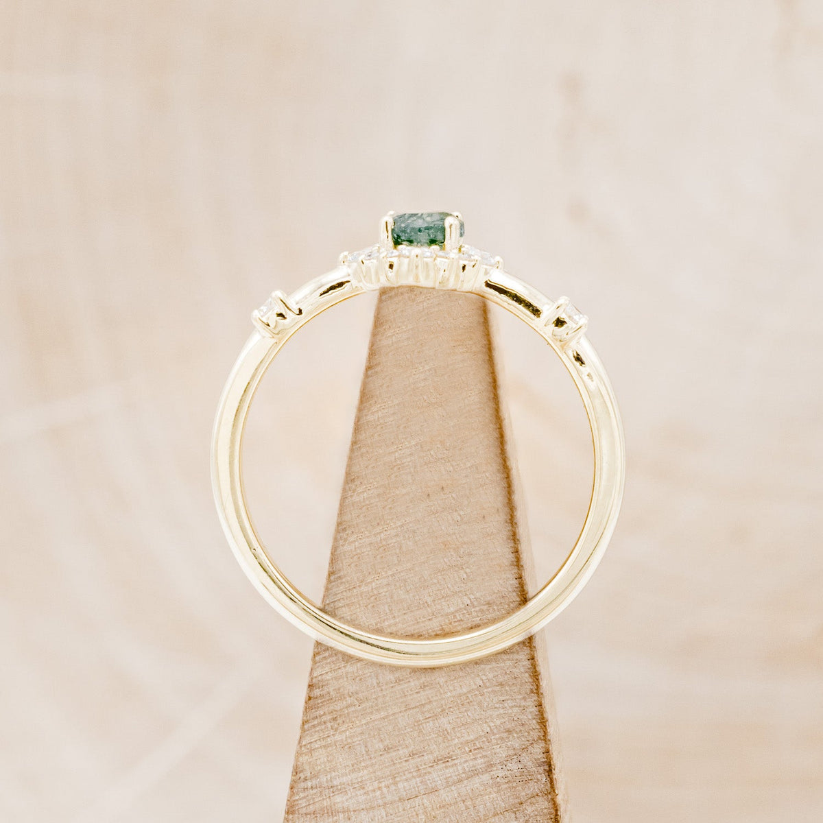 "Starla" - Moss Agate Engagement Ring With Starburst Diamond Halo