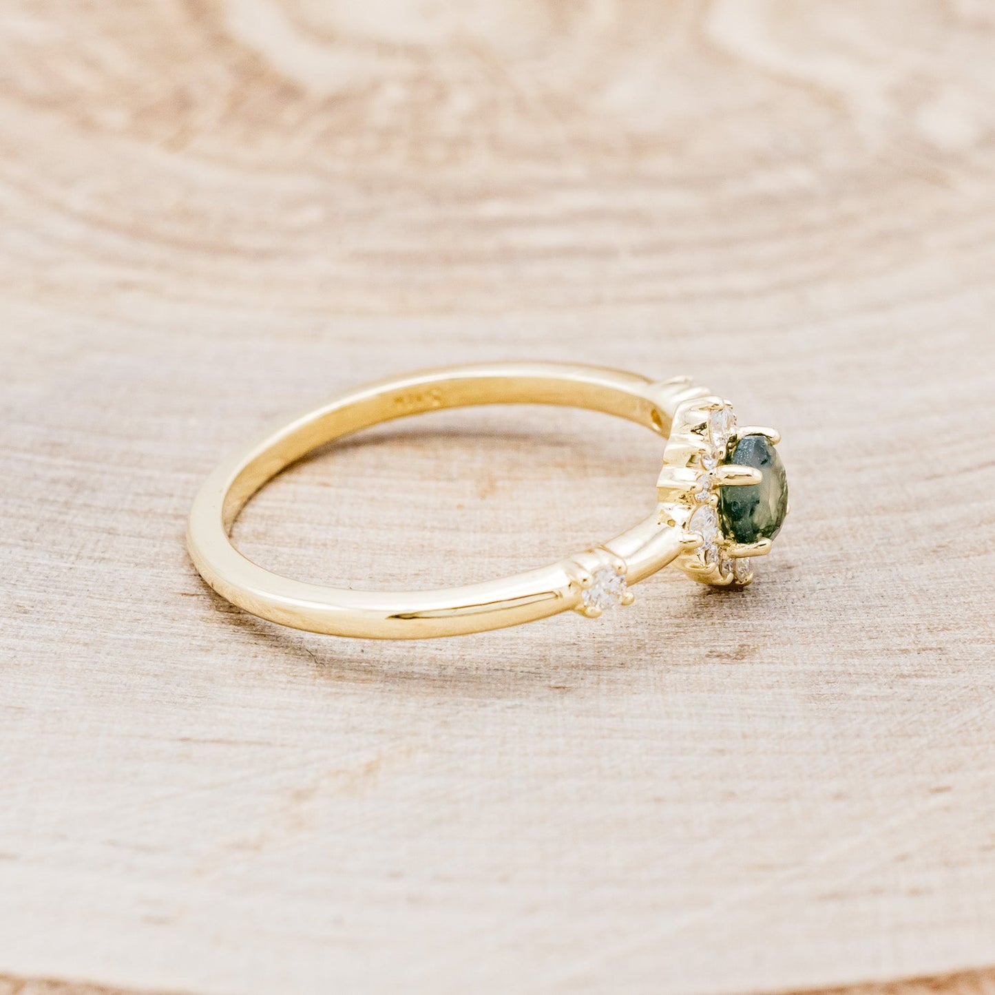 "Starla" - Moss Agate Engagement Ring With Starburst Diamond Halo