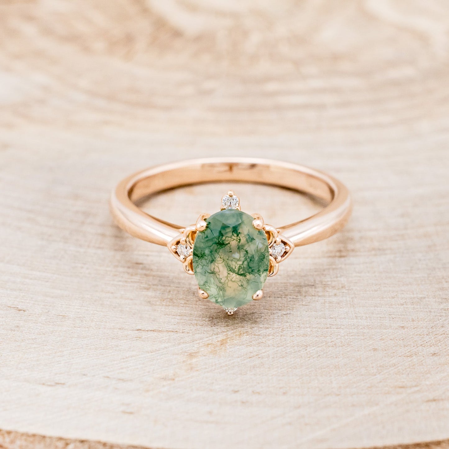 "Zella" - Oval Cut Moss Agate Engagement Ring With Diamond Accents