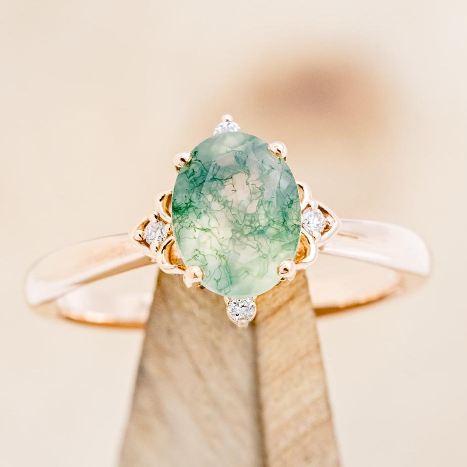 "Zella" - Oval Cut Moss Agate Engagement Ring With Diamond Accents